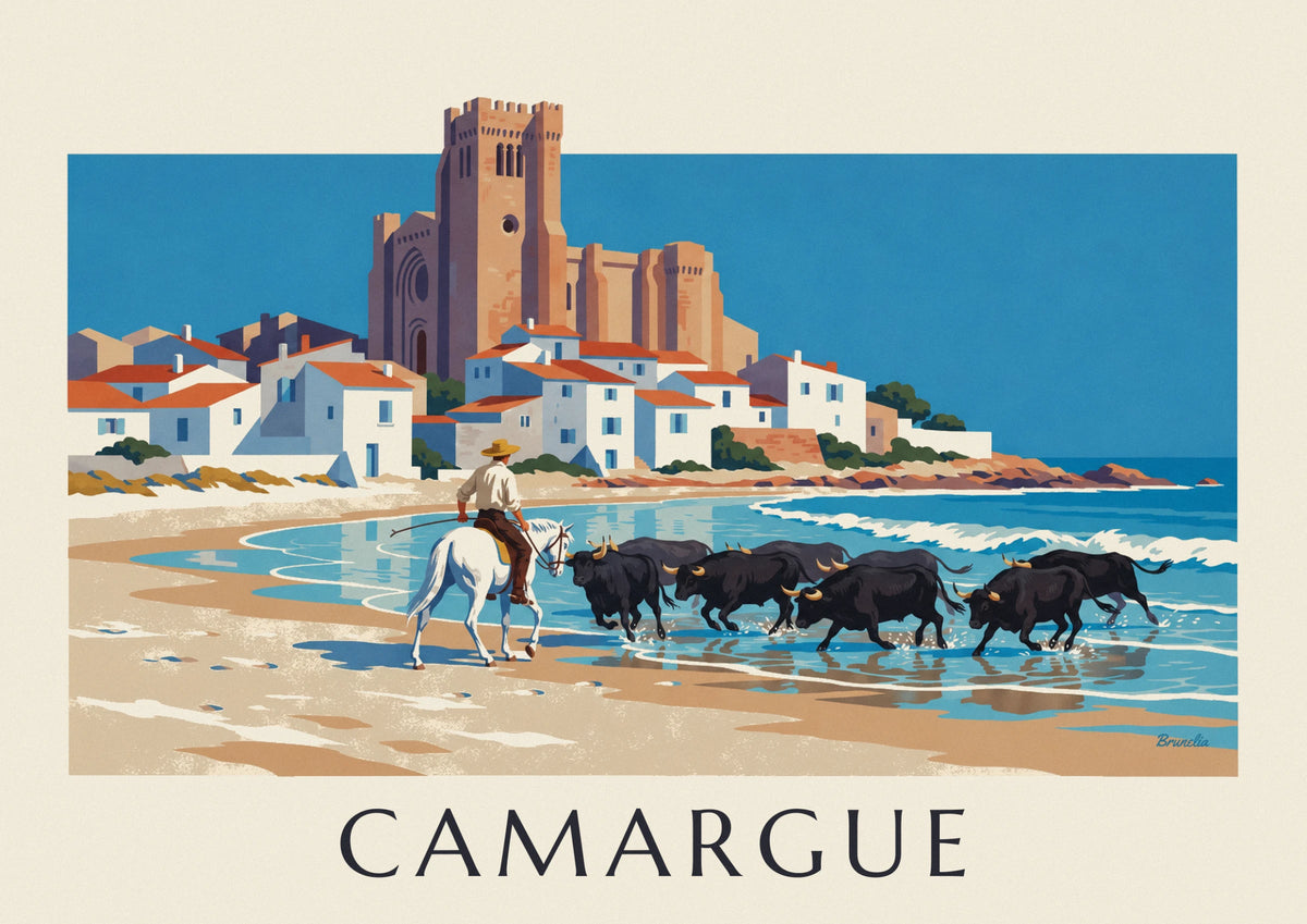 Gardian and black bulls on the Camargue beach poster