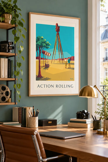 Poster Filmkamera auf Stativ an einem Filmset : gerahmt an der Wand