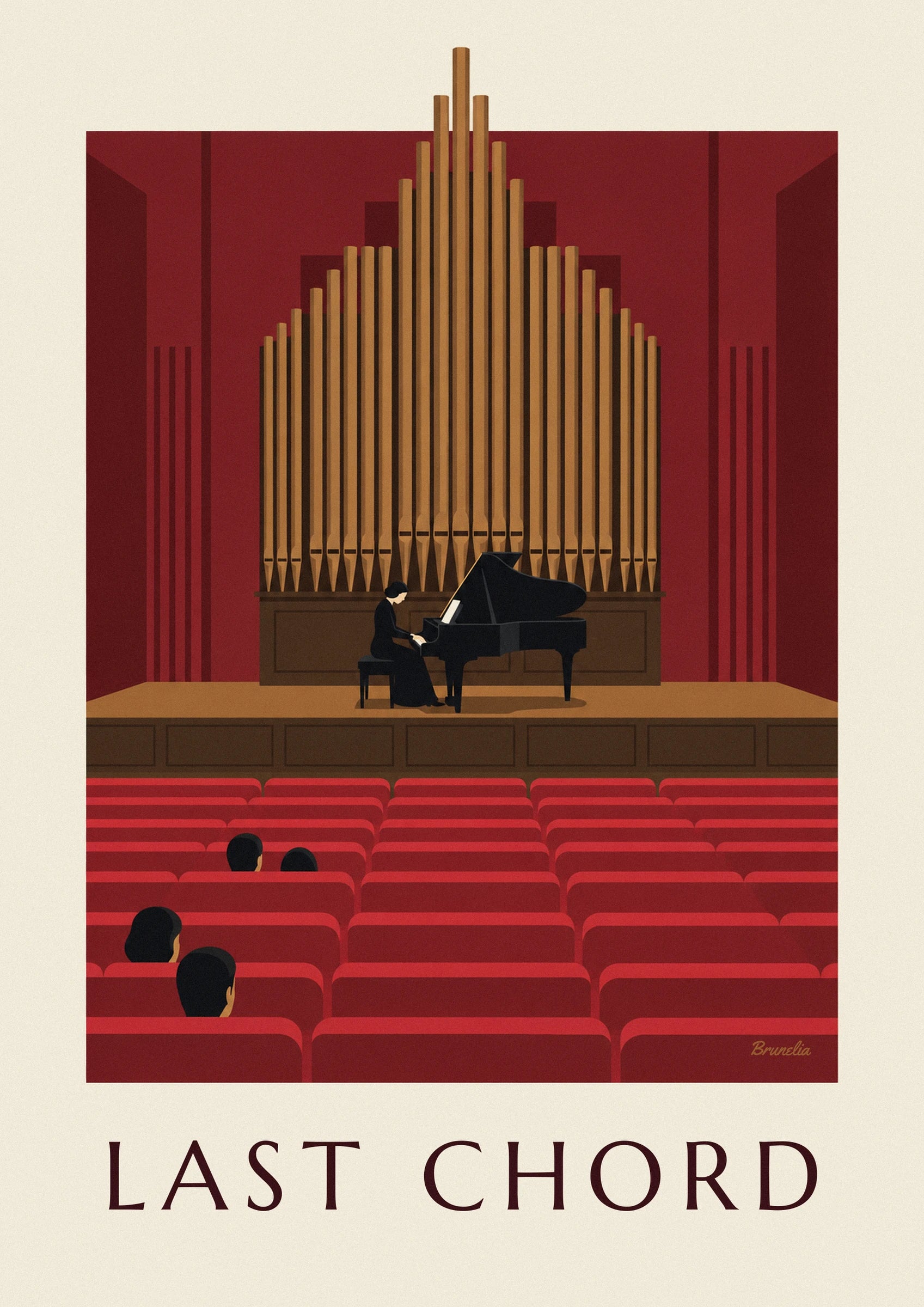Die Pianistin im schwarzen Kleid an ihrem Flügel auf der Holzbühne