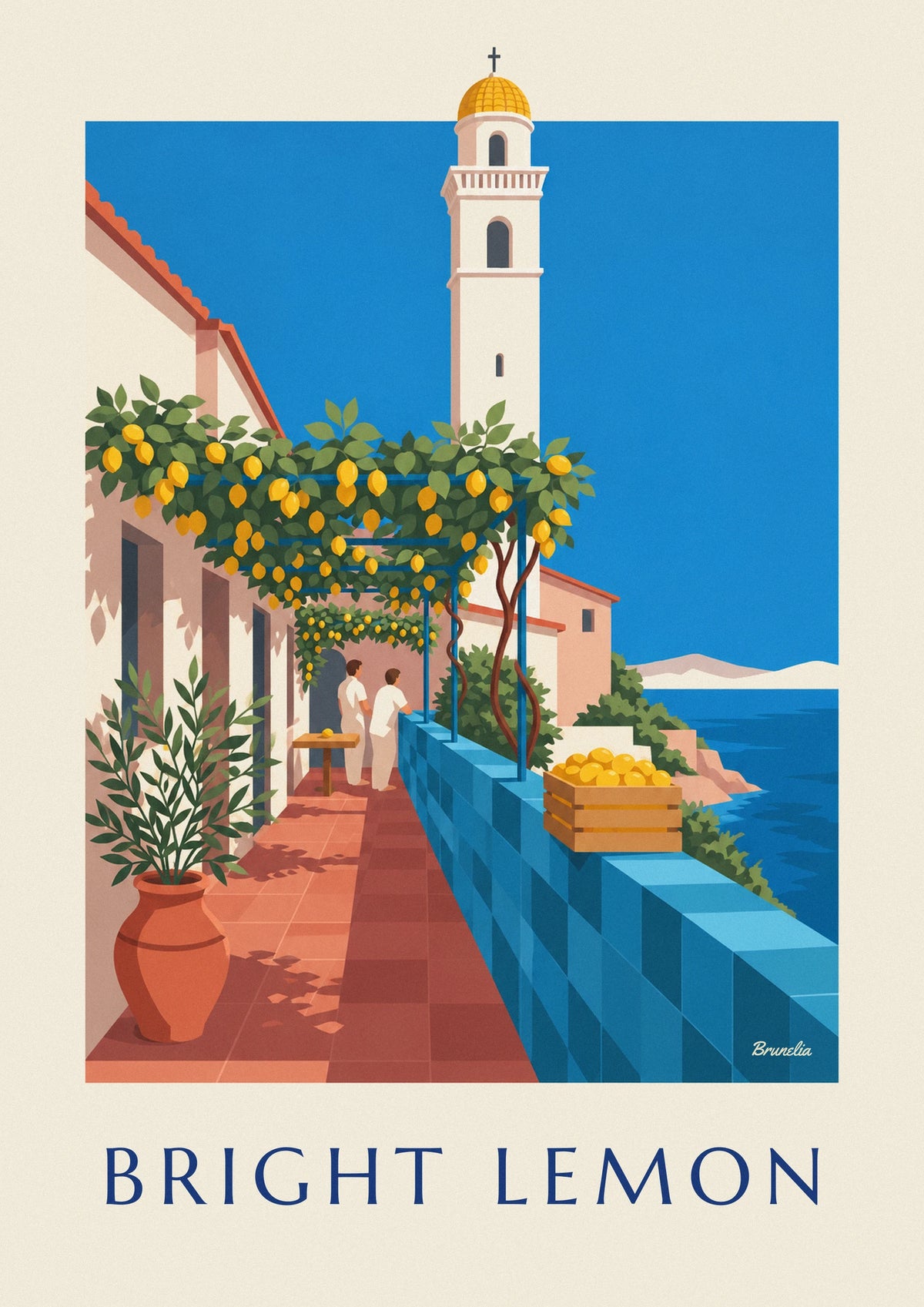 Affiche pergola de citronniers et clocher au dôme jaune face à la mer