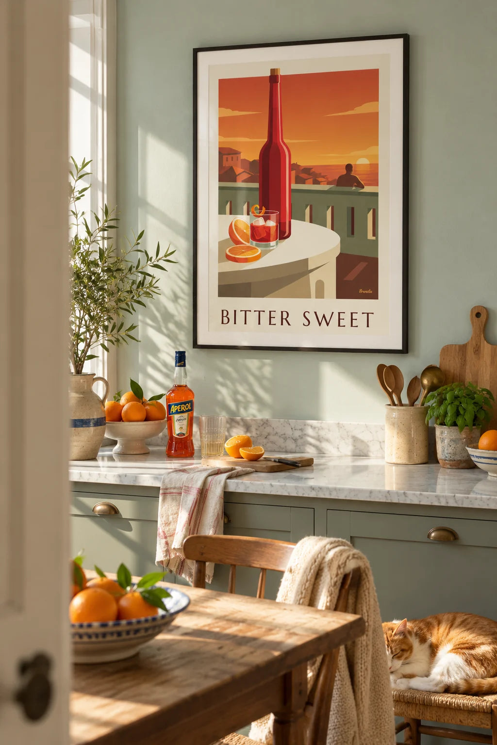 Mise en situation de Affiche cocktail Negroni et zeste d'orange sur une terrasse