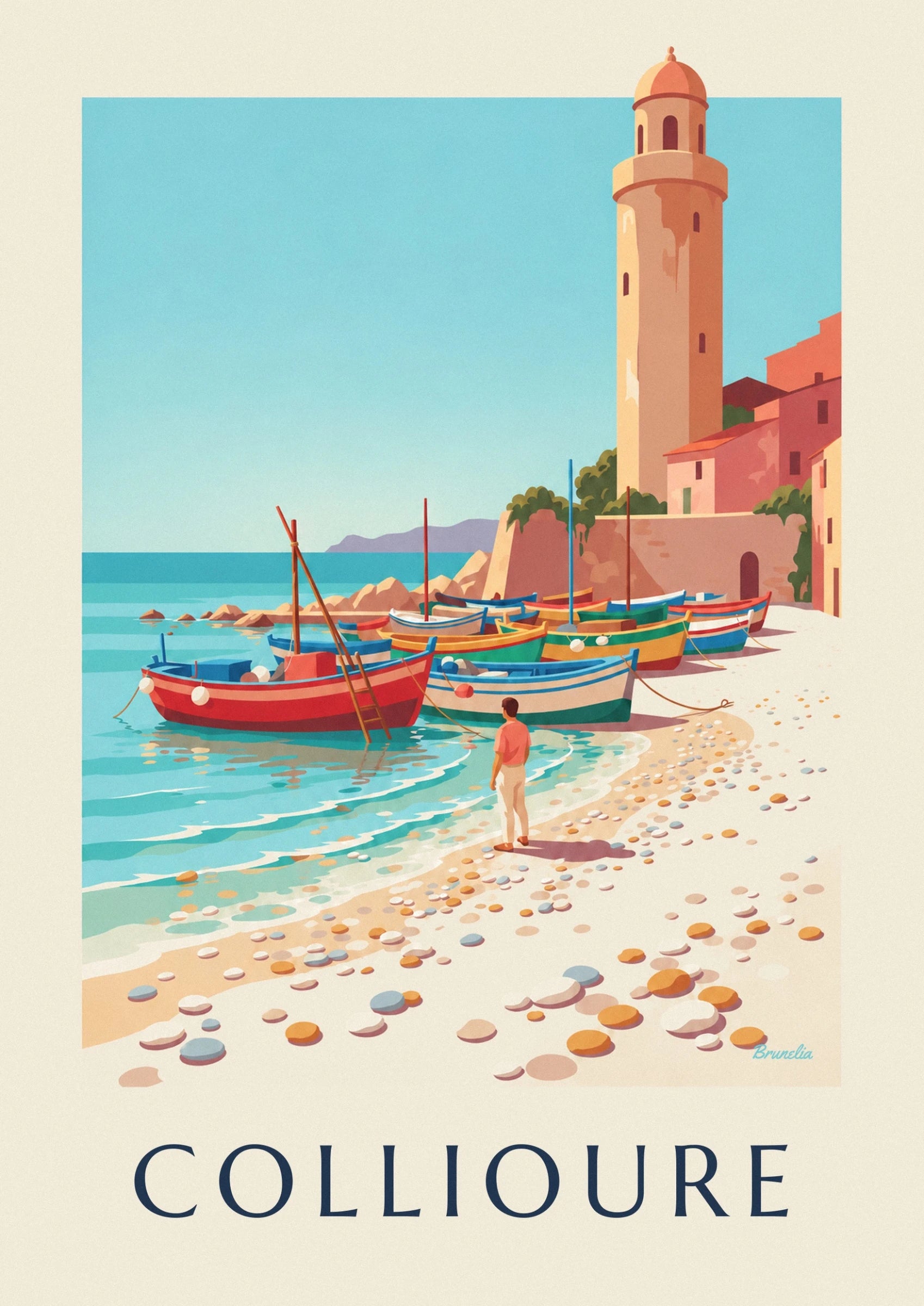La barque rouge et son échelle de bois dans l’eau turquoise de Collioure
