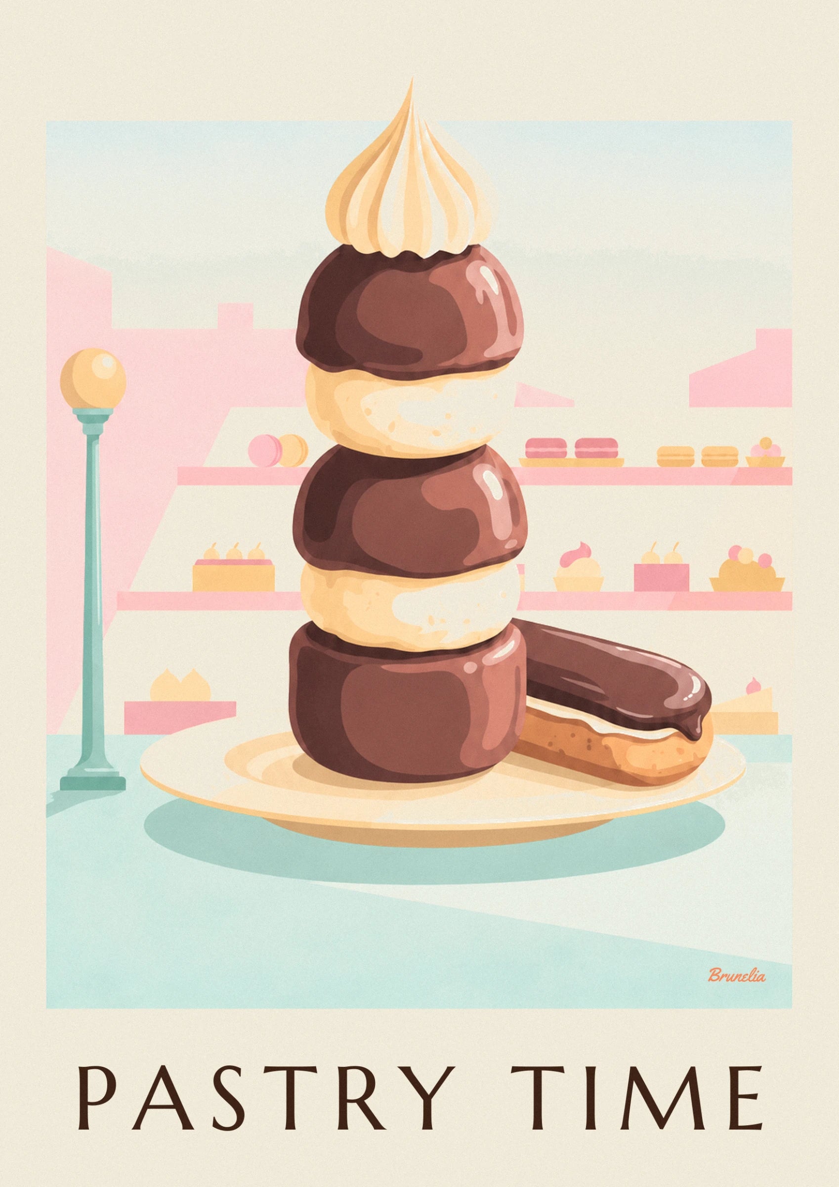 The chocolate-coated choux bun with its tall peak of golden cream in the pastry shop