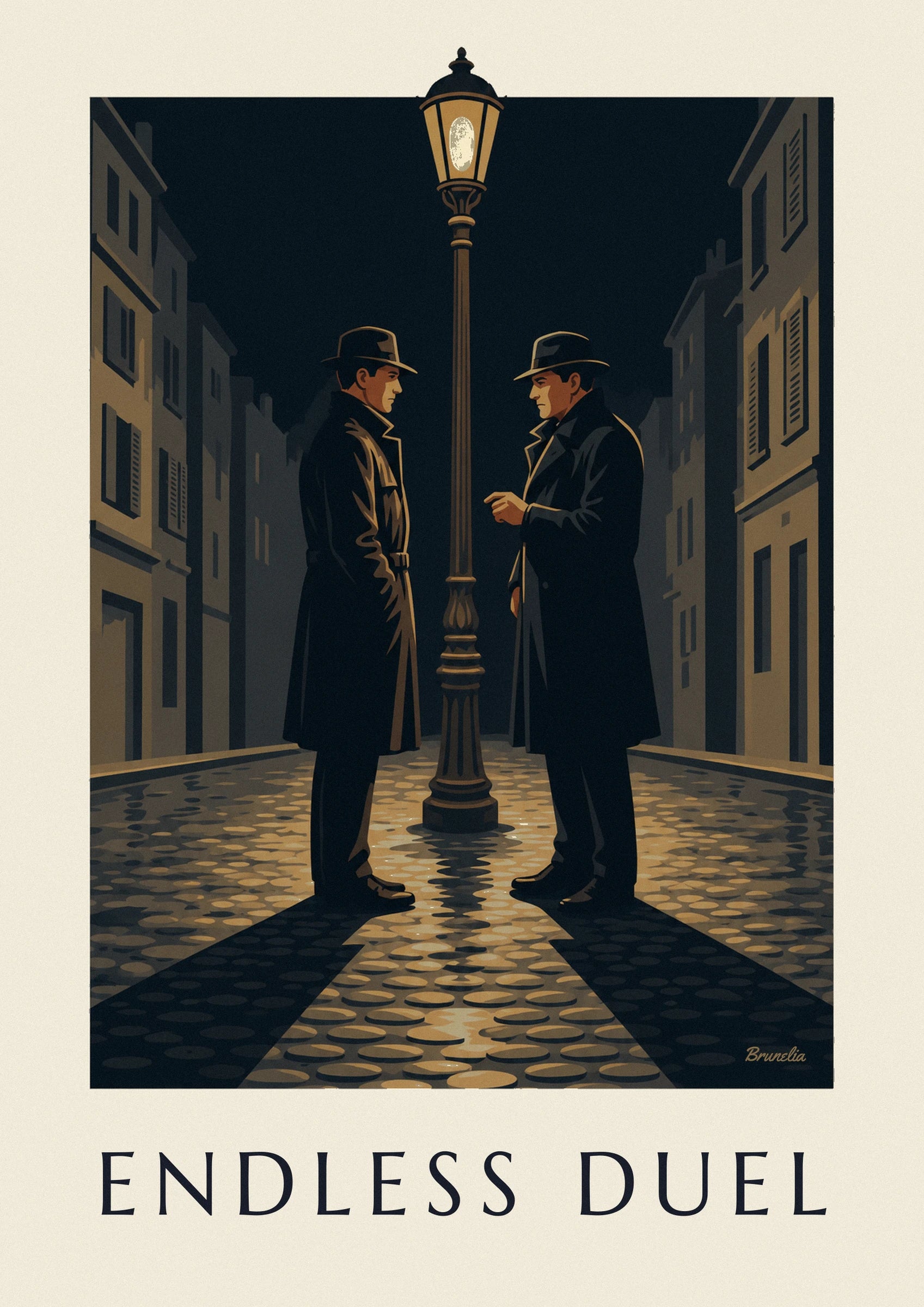 Poster Film-noir-Duell unter einer Straßenlaterne, Regennacht: Detail in Nahaufnahme