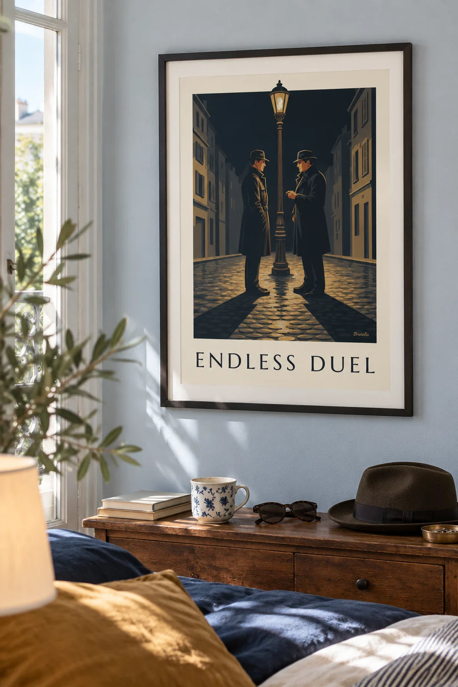 Poster Film-noir-Duell unter einer Straßenlaterne in einer Regennacht: gerahmt an der Wand