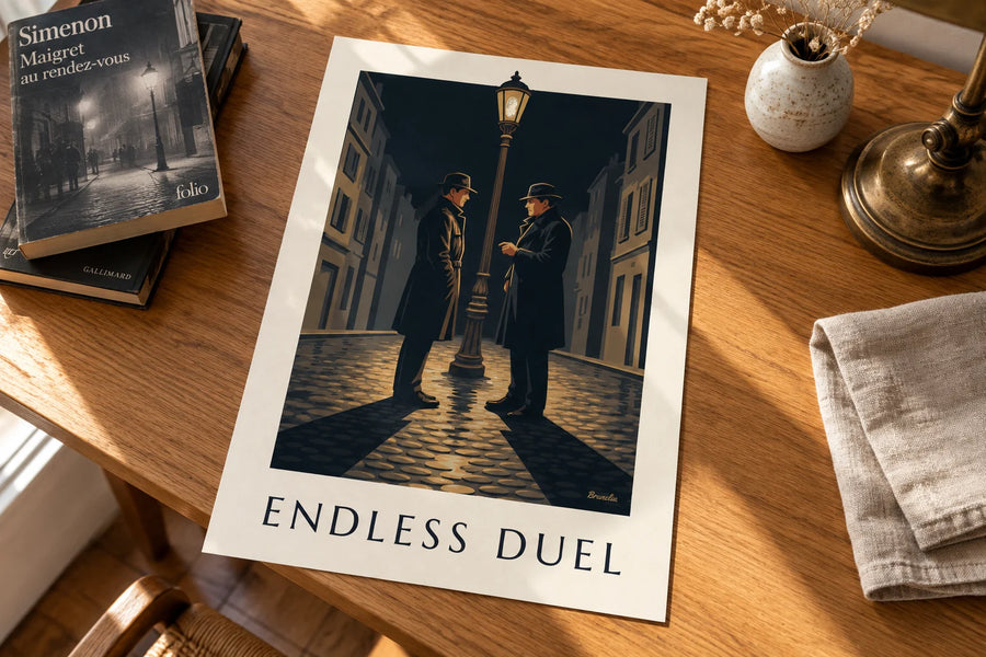 Poster Film-noir-Duell unter einer Straßenlaterne in einer Regennacht: auf einem Tisch aufgestellt