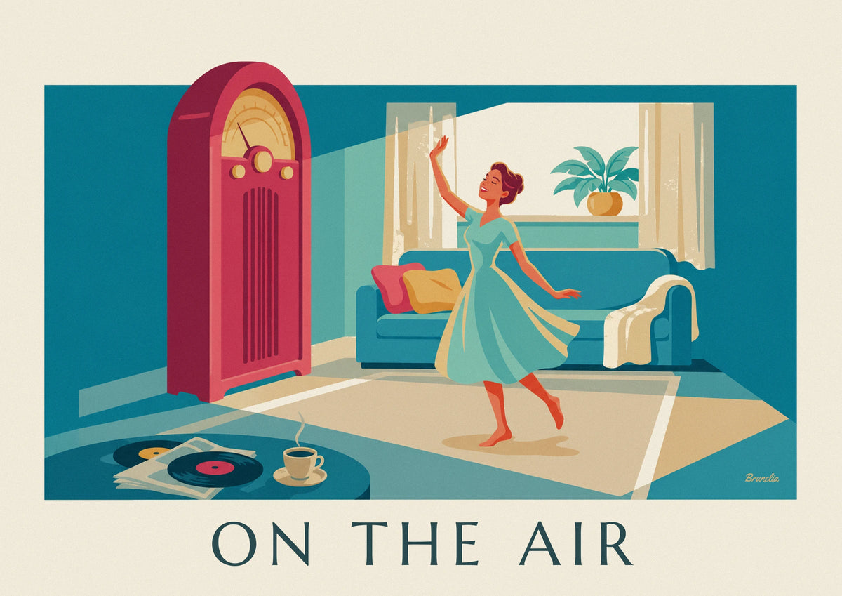 Woman dancing near a pink radio poster