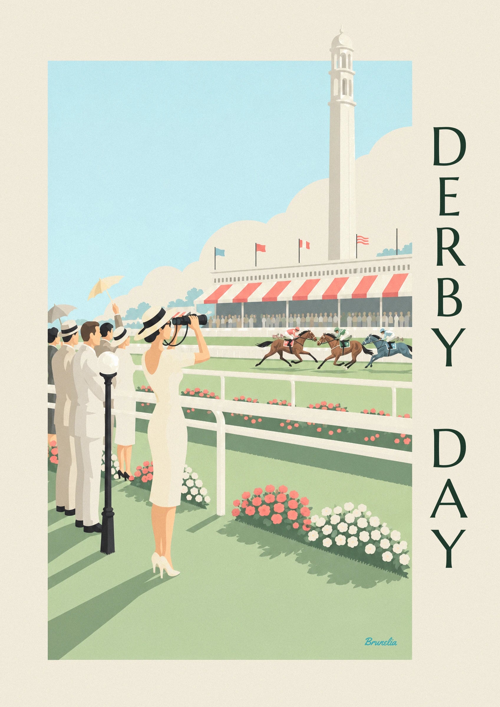 The woman in a white dress and a hat with a black ribbon, holding binoculars to her eyes in front of the fence