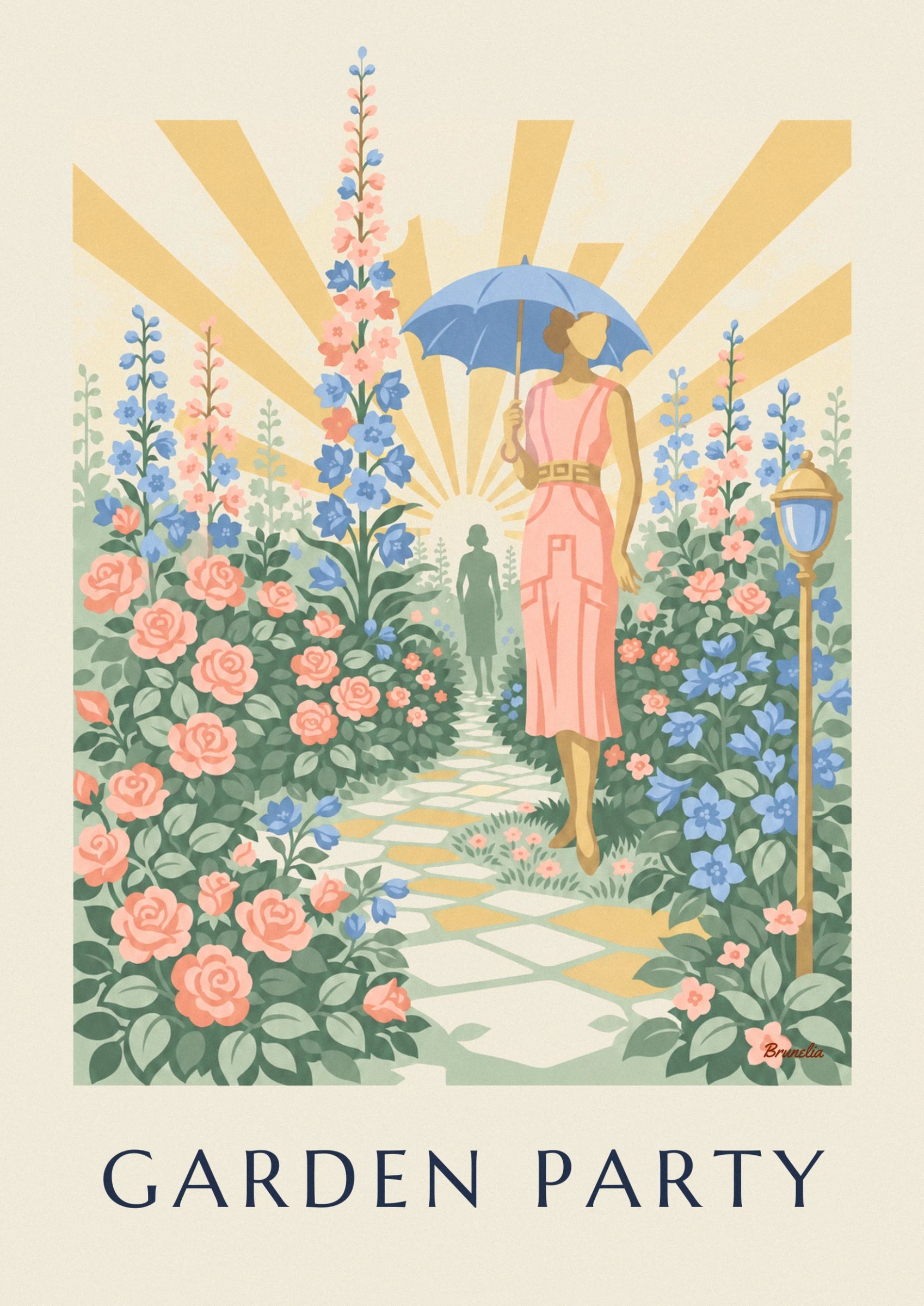 Die Frau im rosa Kleid unter ihrem blauen Sonnenschirm, zwischen Rittersporn und Rosen, der aufgehenden Sonne zugewandt