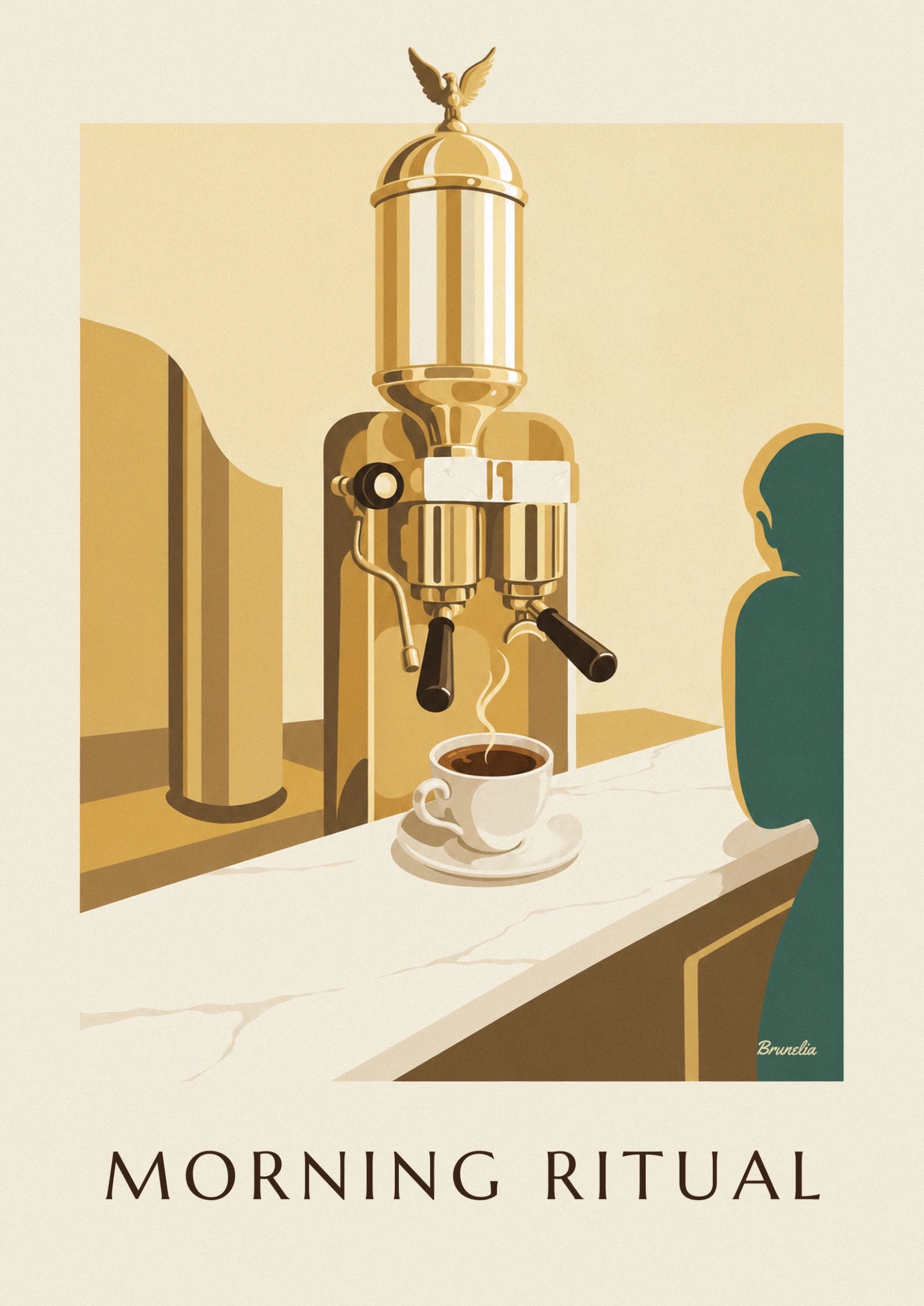 Eine weiße Tasse dampfender Espresso auf ihrer Untertasse, am Rand der cremefarbenen Theke