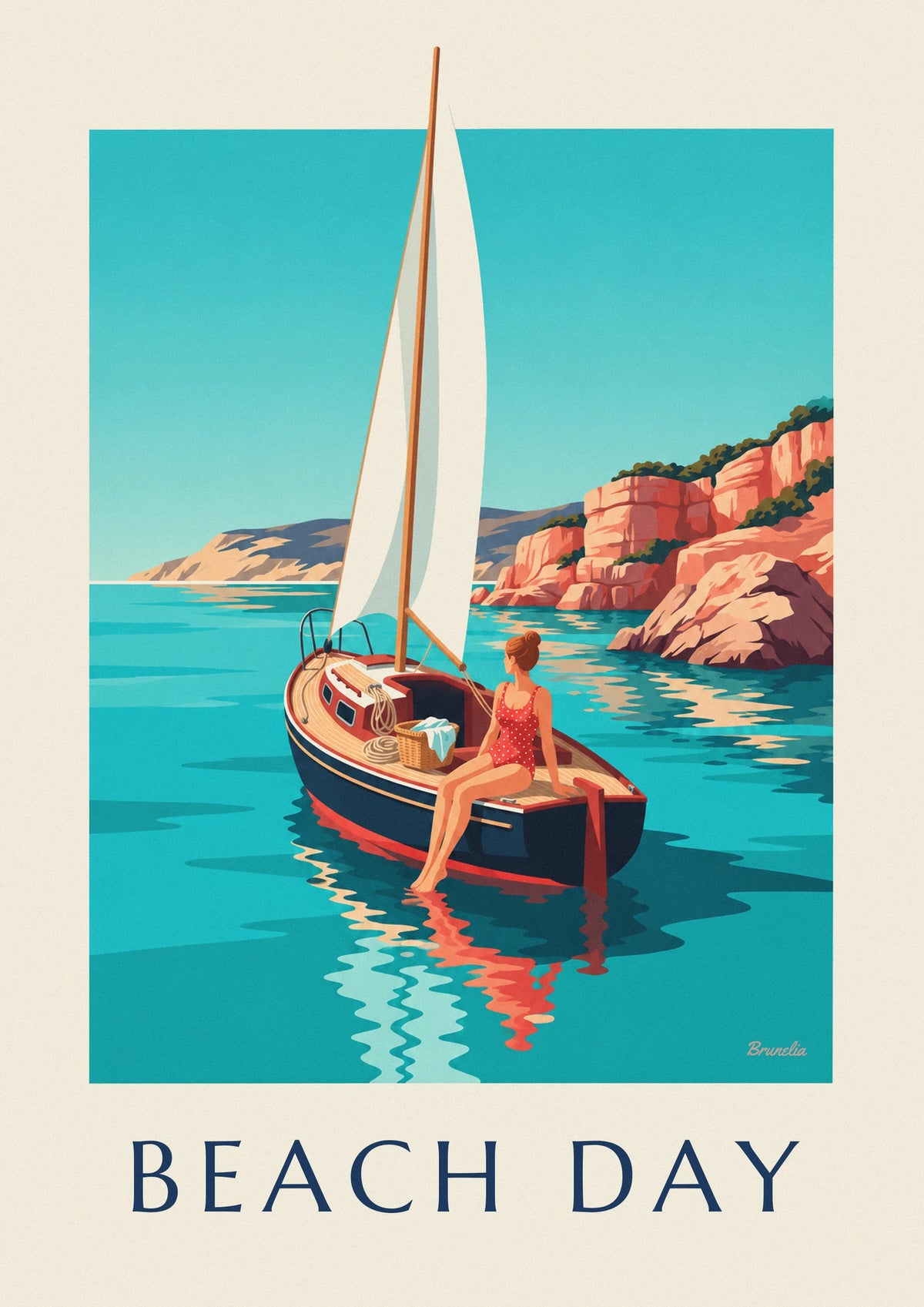Affiche femme en maillot de bain à pois sur un voilier