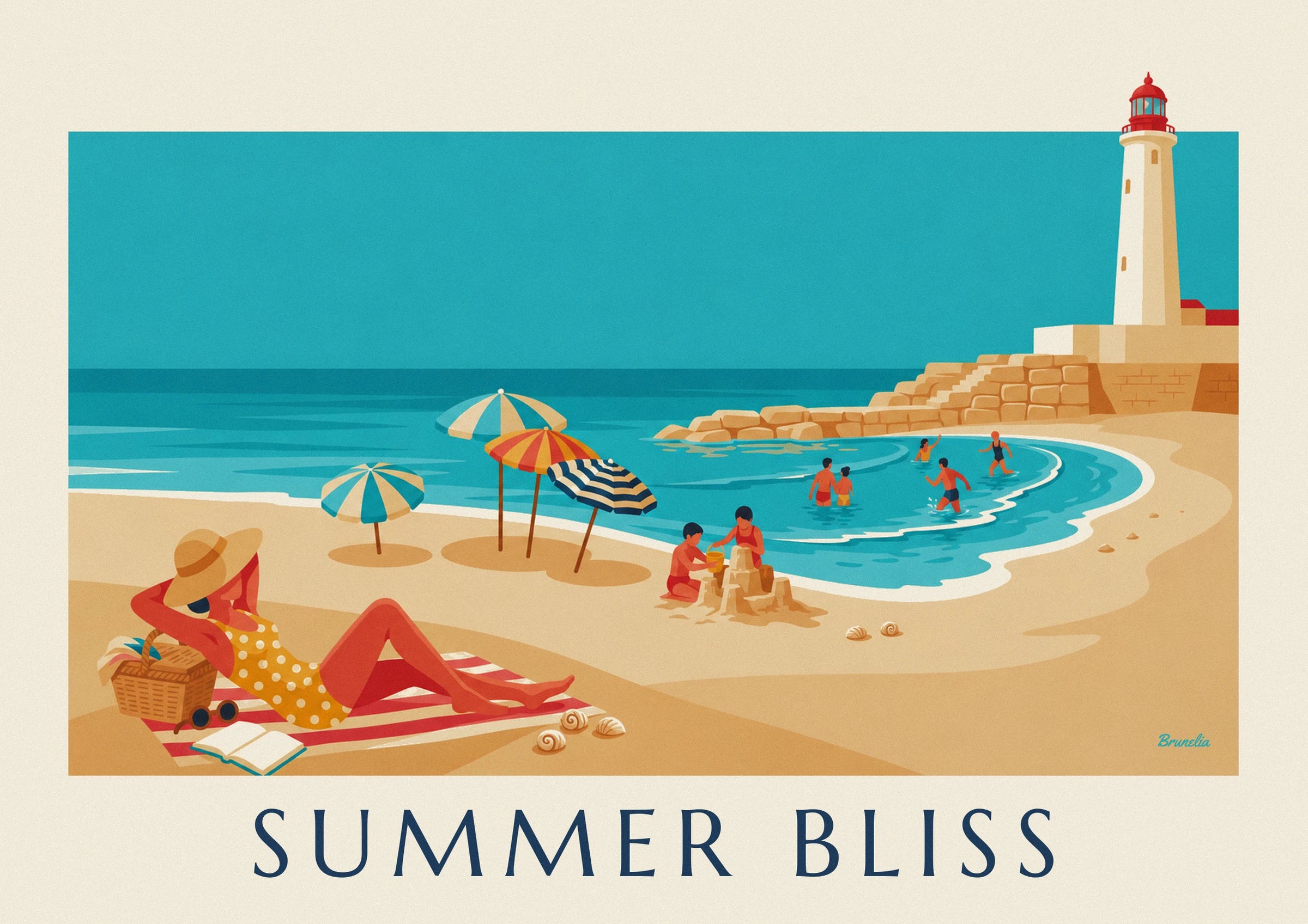 The woman in a yellow swimsuit with white polka dots, lying beside the parasols on the beach