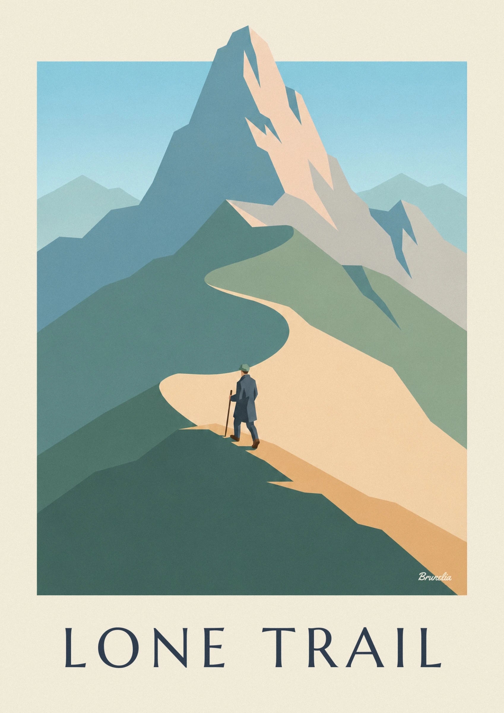 Der Wanderer von hinten in blauem Mantel und grüner Mütze, einen Wanderstock in der Hand