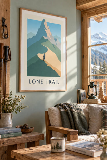 Poster of a lone hiker on a mountain ridge trail: framed on the wall