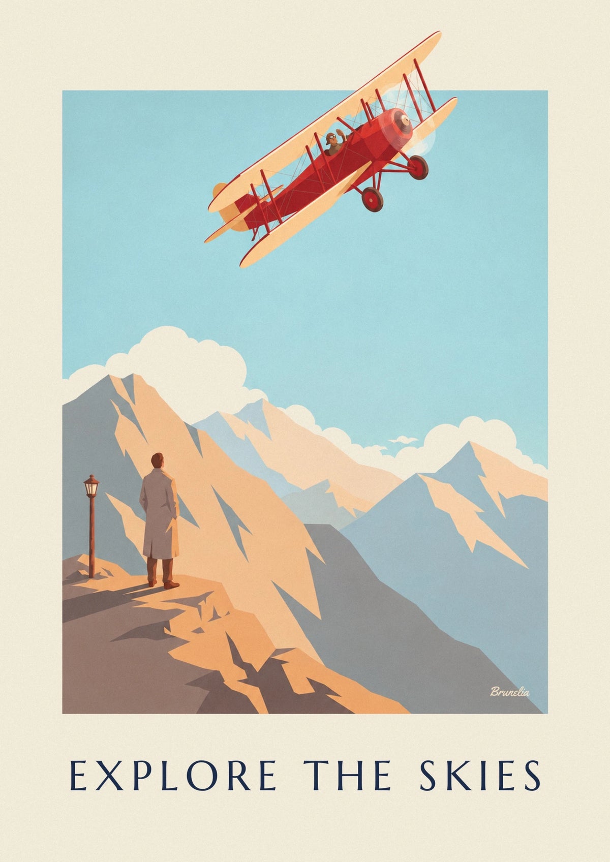 Explore the Skies biplane over the mountains poster