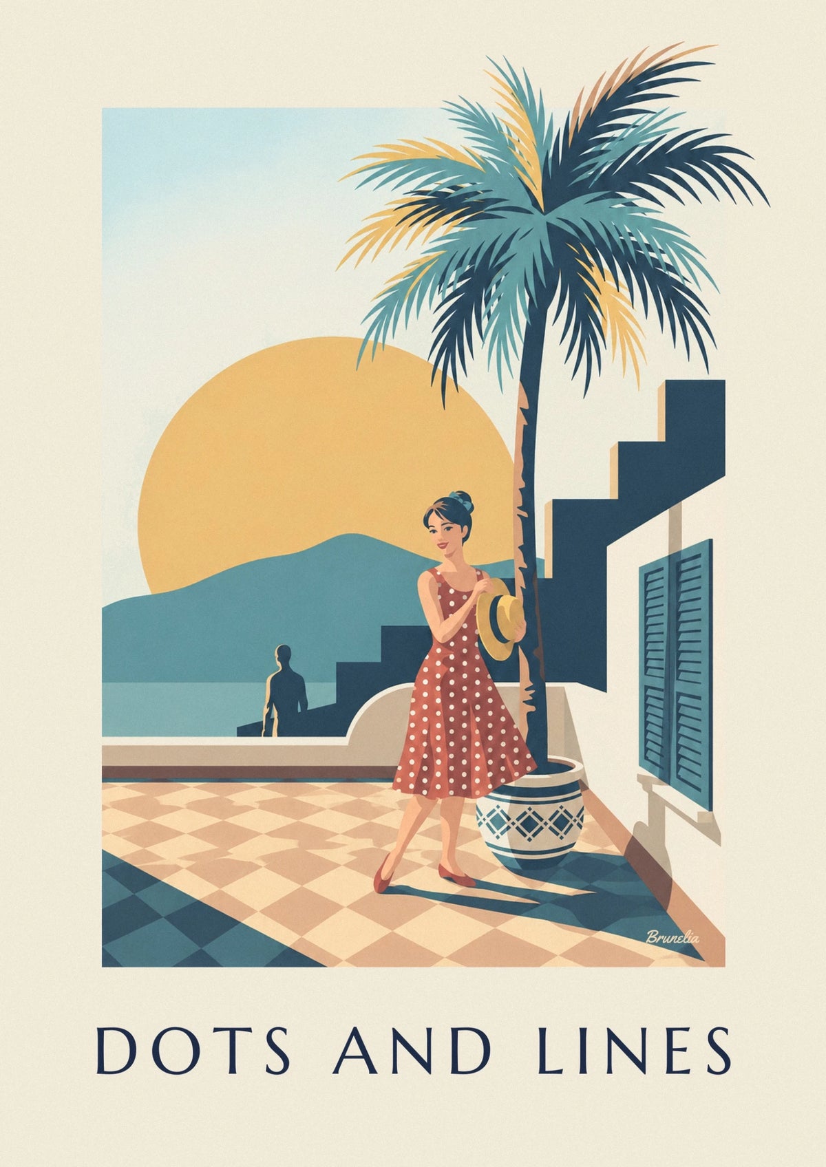 Woman in polka dot dress and geometric shapes poster