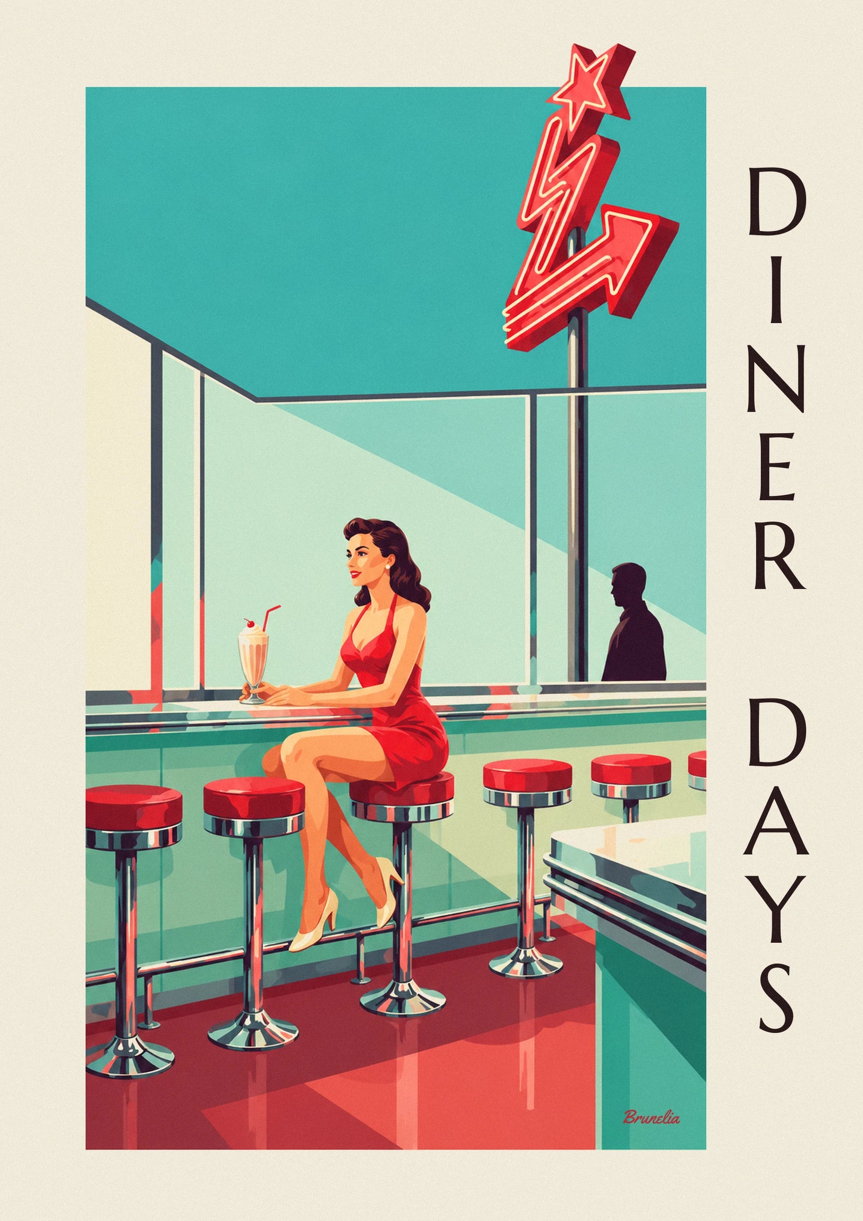Poster Pin-up an der Theke eines amerikanischen Diners: Detail in Nahaufnahme