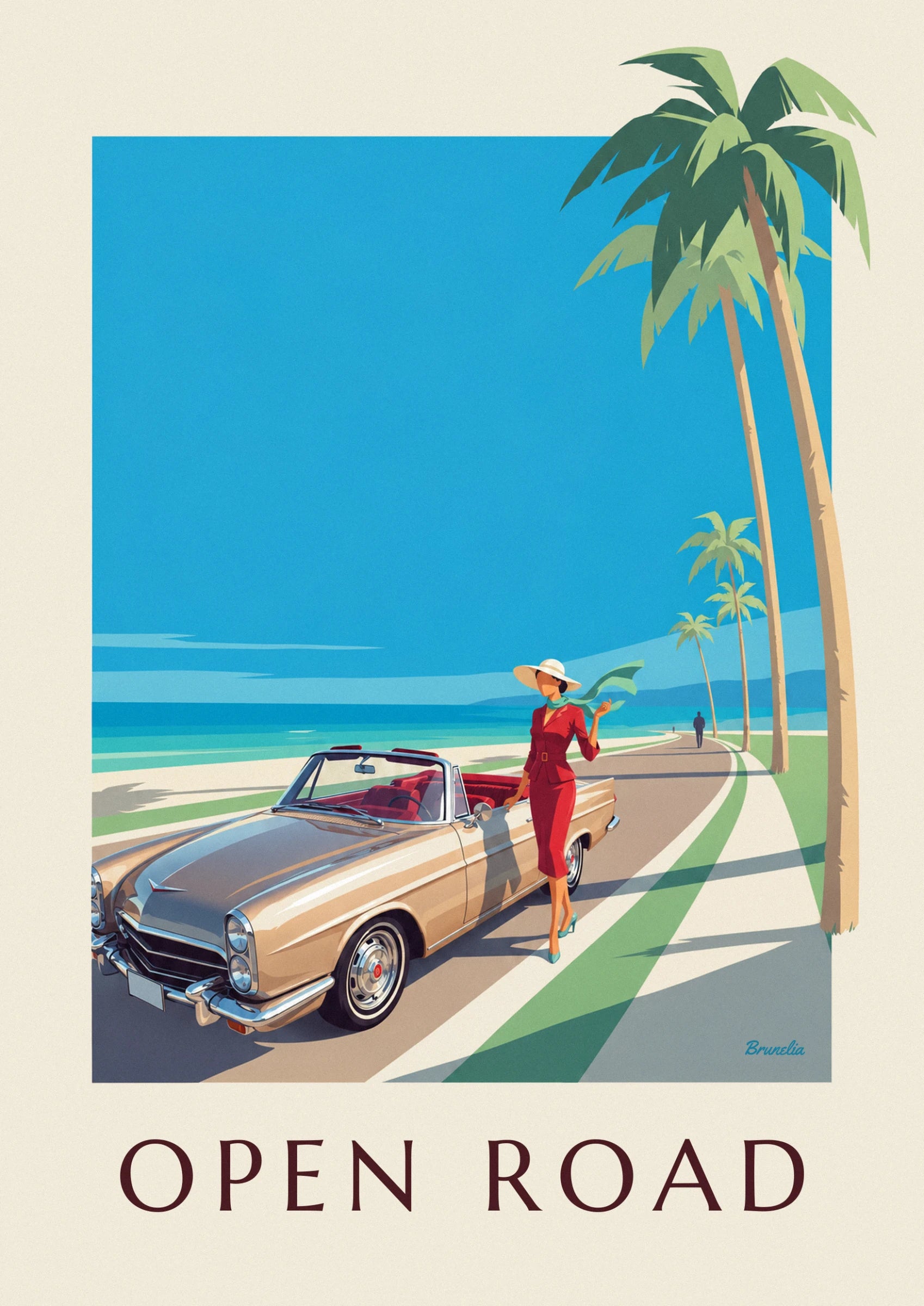 A woman in a red suit and pale hat near a convertible by the sea