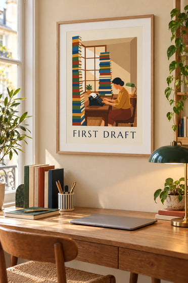 Poster Schriftstellerin an der Schreibmaschine: gerahmt an der Wand