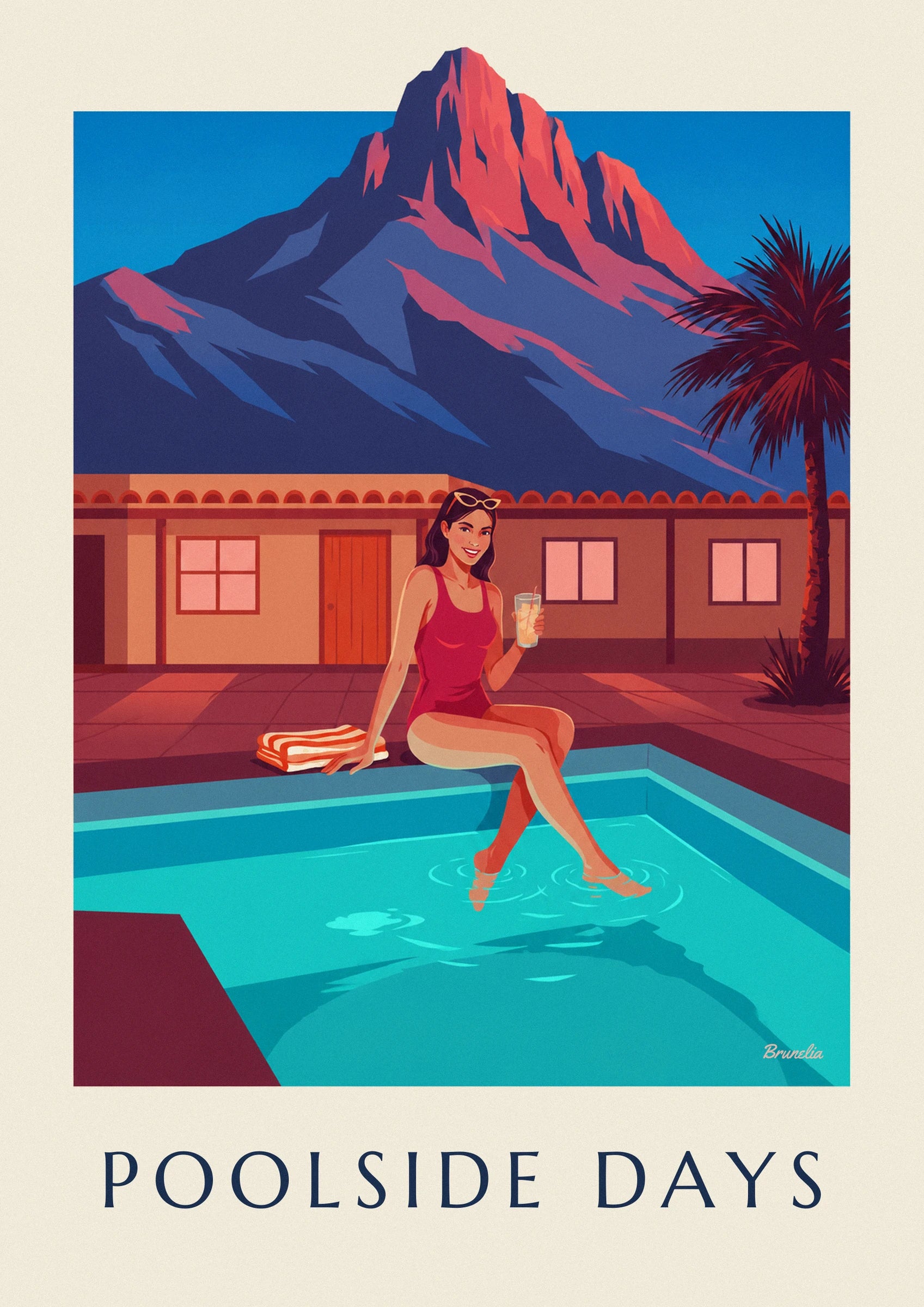 Une femme en maillot rouge, verre à la main et pieds dans l'eau turquoise de la piscine