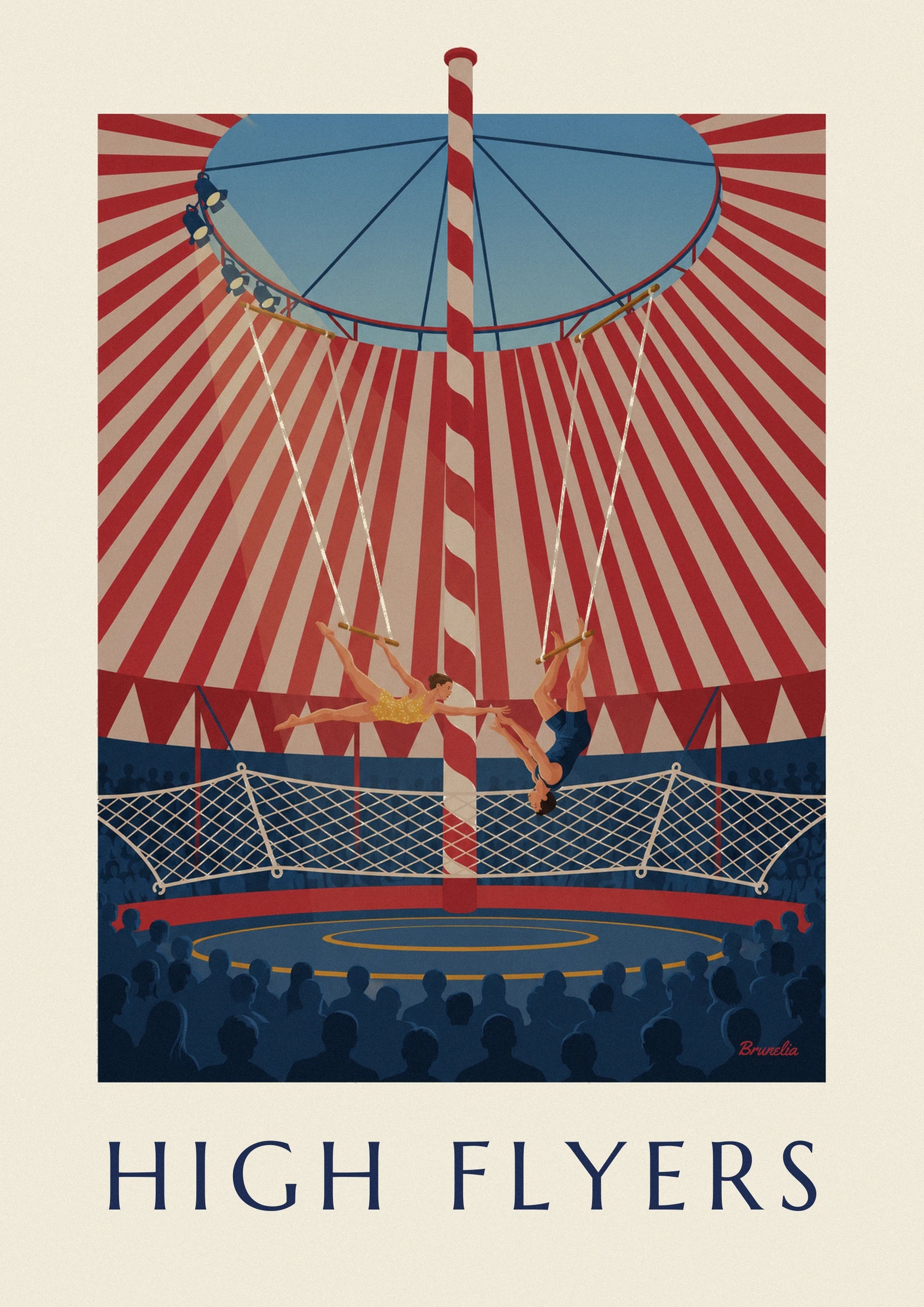 Poster Trapezkünstler unter einem gestreiften Zirkuszelt: Detail in Nahaufnahme