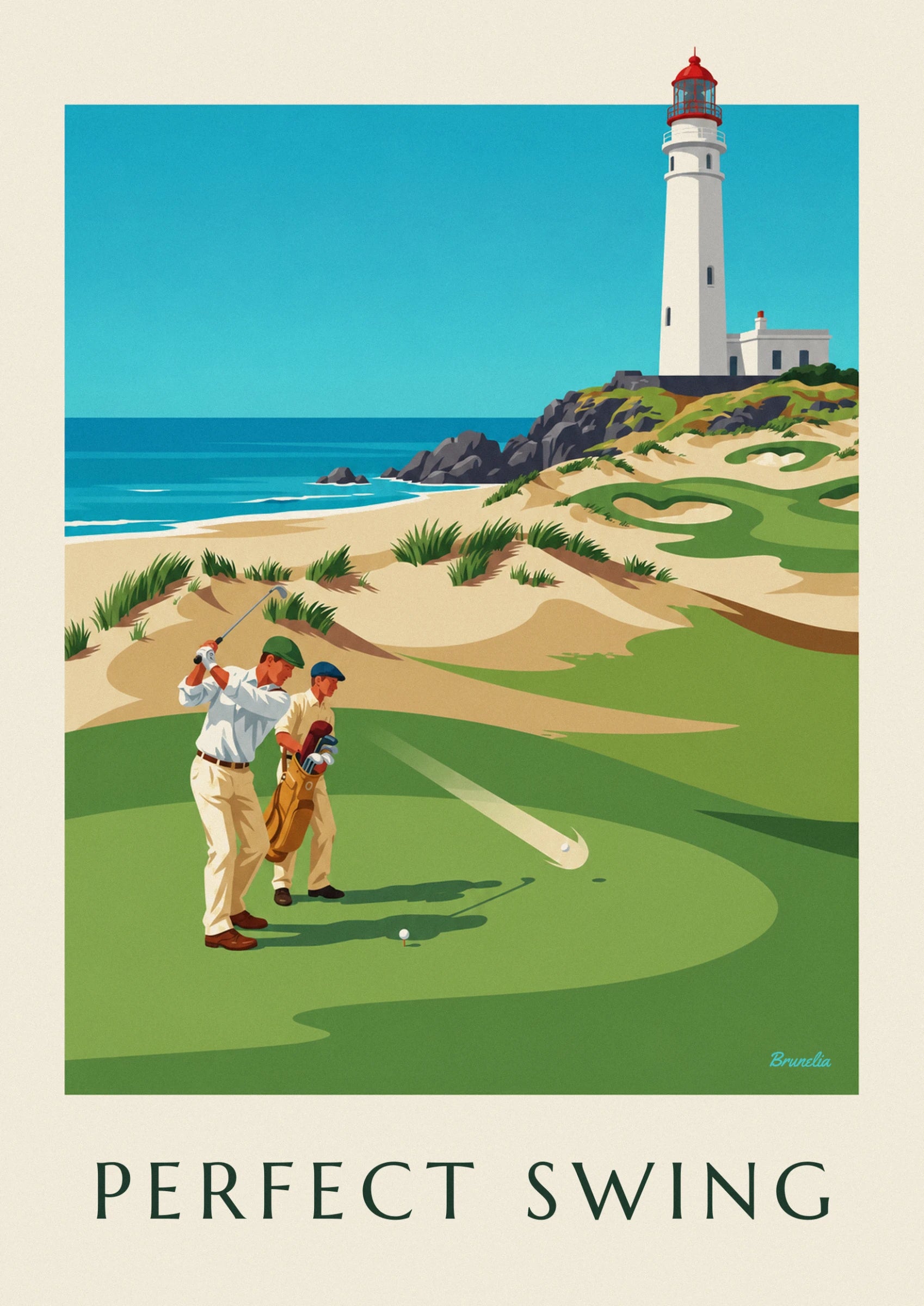 The golfer in a white shirt and green cap mid-swing, with his caddie beside him