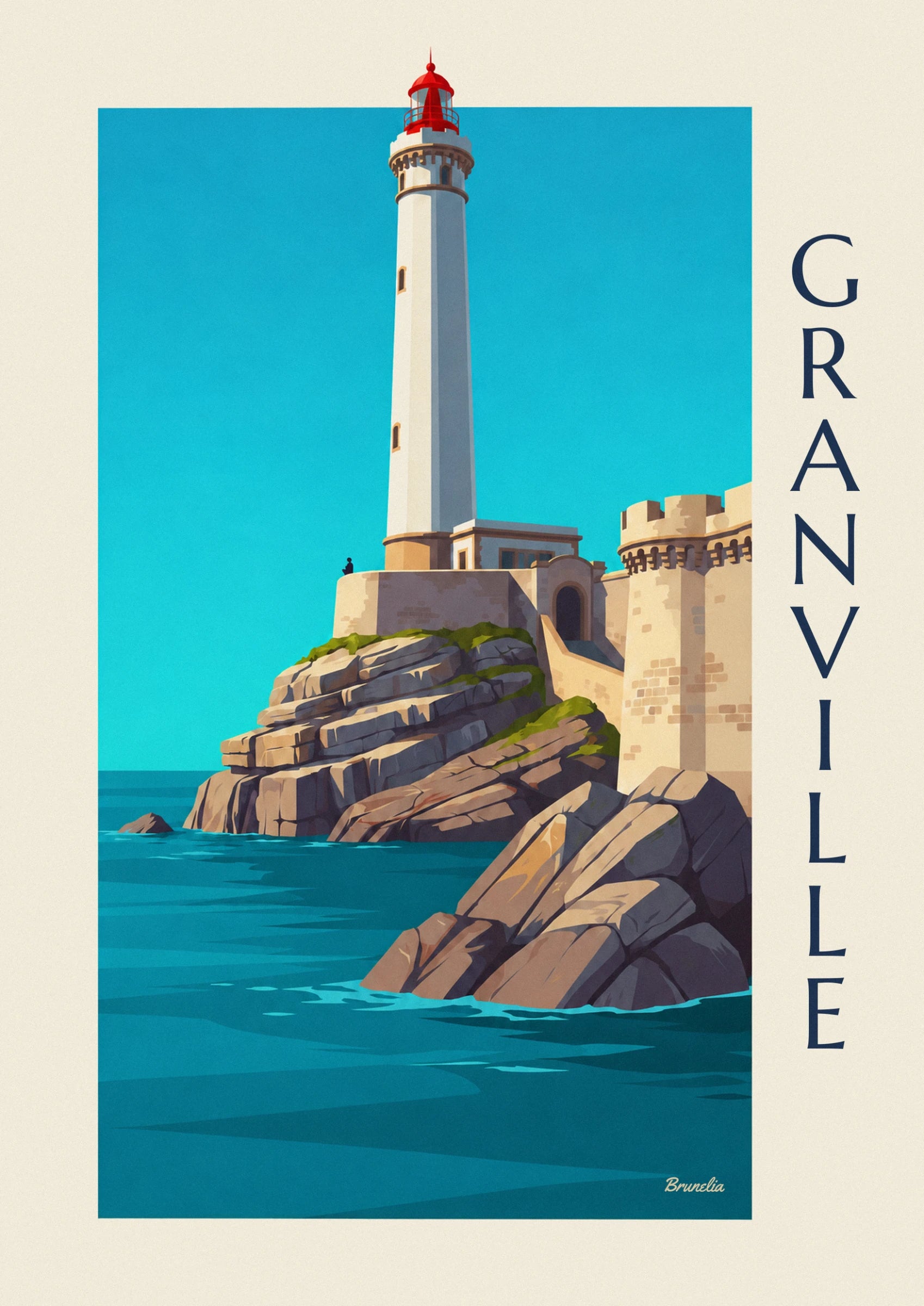 The white lighthouse and its red lantern rising into the turquoise-blue sky