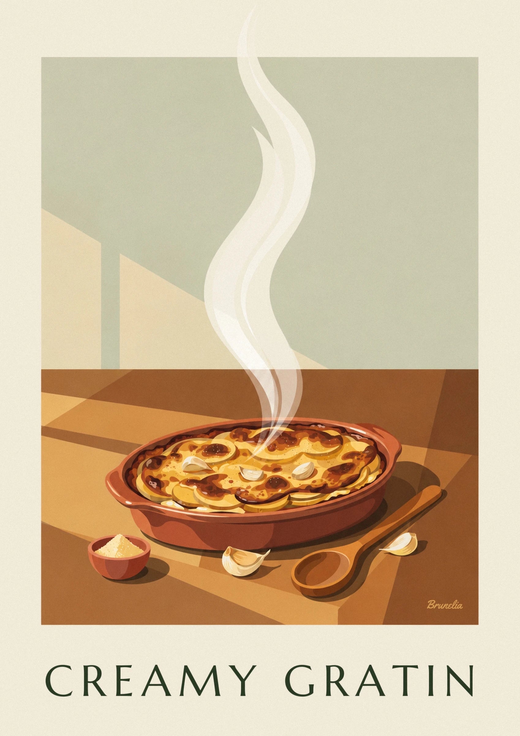 Poster goldbrauner Gratin dauphinois in der Terrakotta-Form: Detail in Nahaufnahme