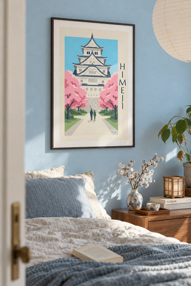 Poster of Himeji Castle beneath cherry blossoms: framed on the wall