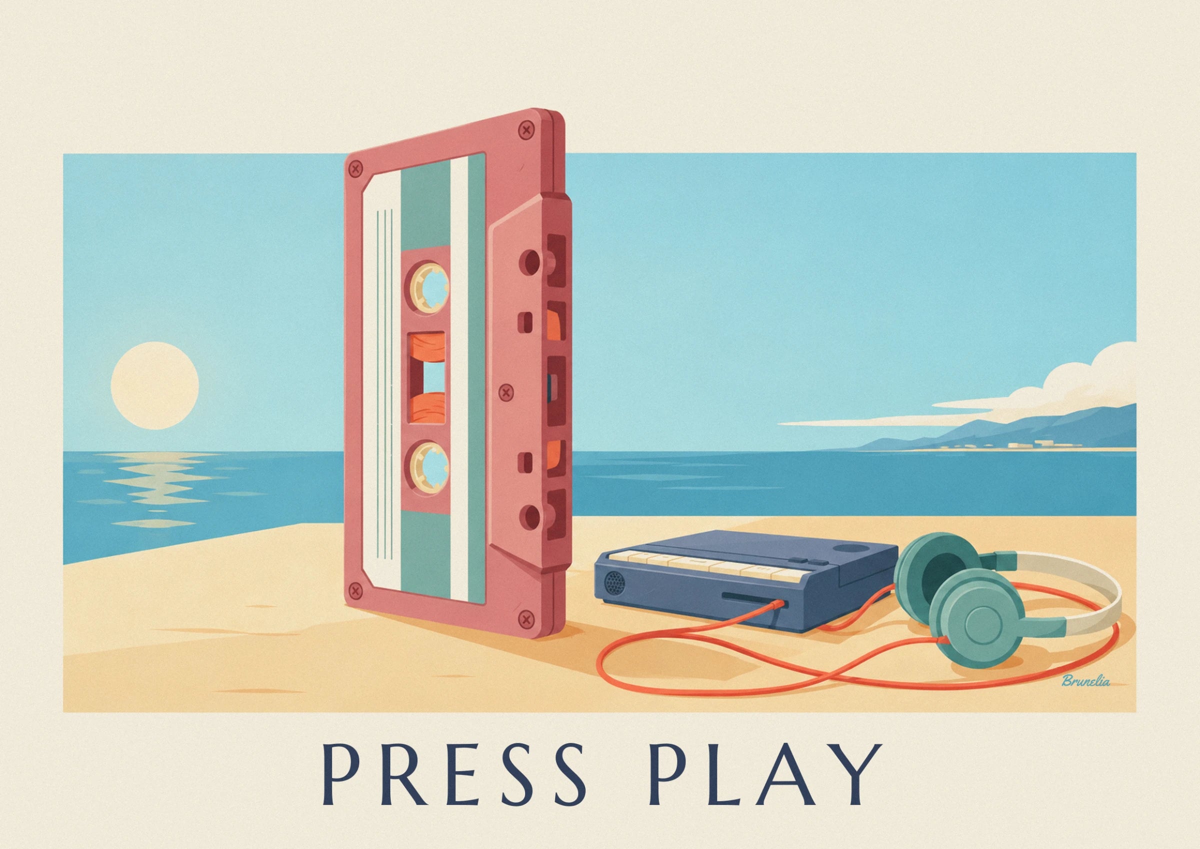 La cassette rose et verte dressée sur le sable, face à la mer
