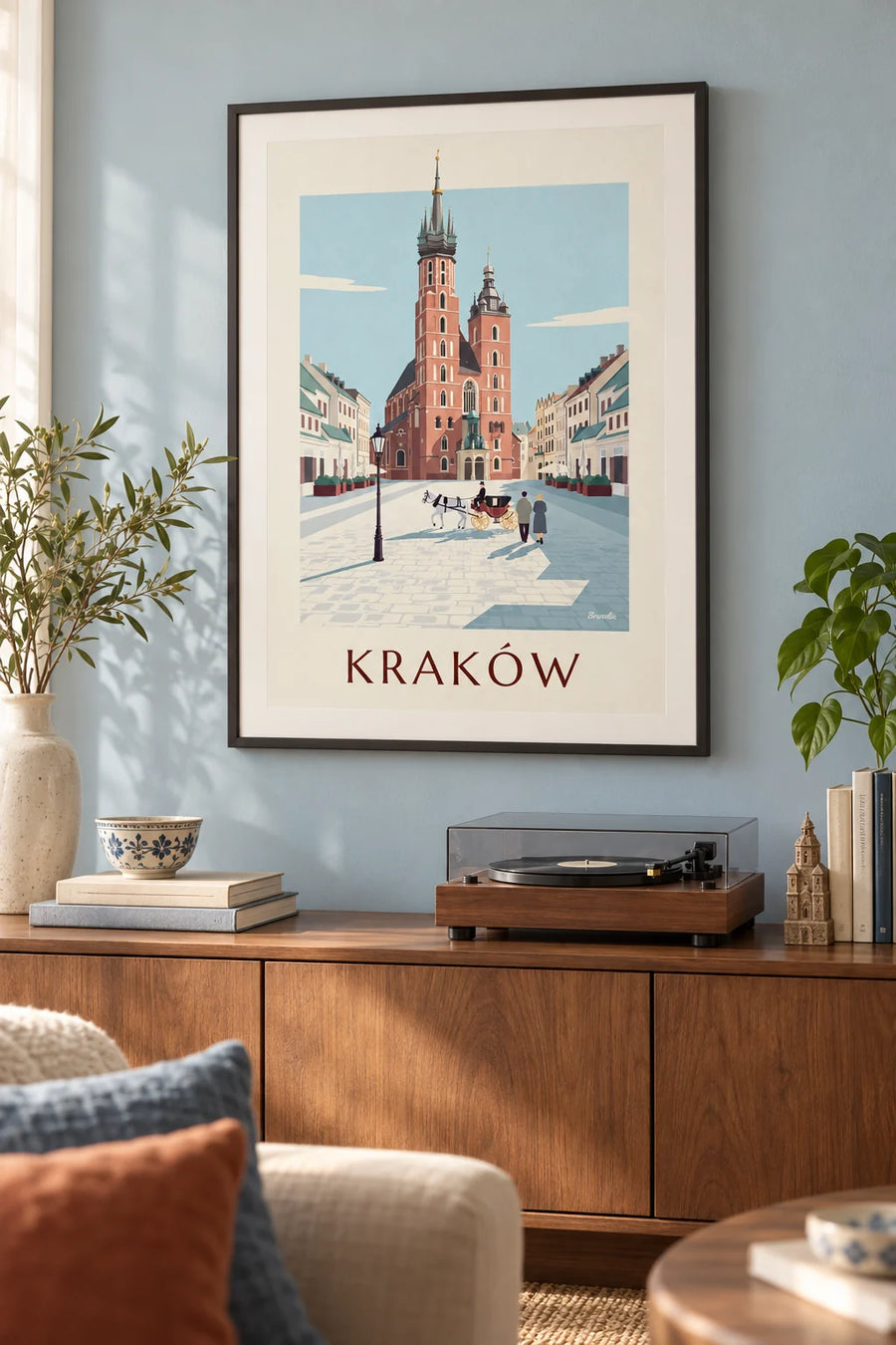 Affiche basilique Sainte-Marie et calèche sur la place de Cracovie : encadrée au mur