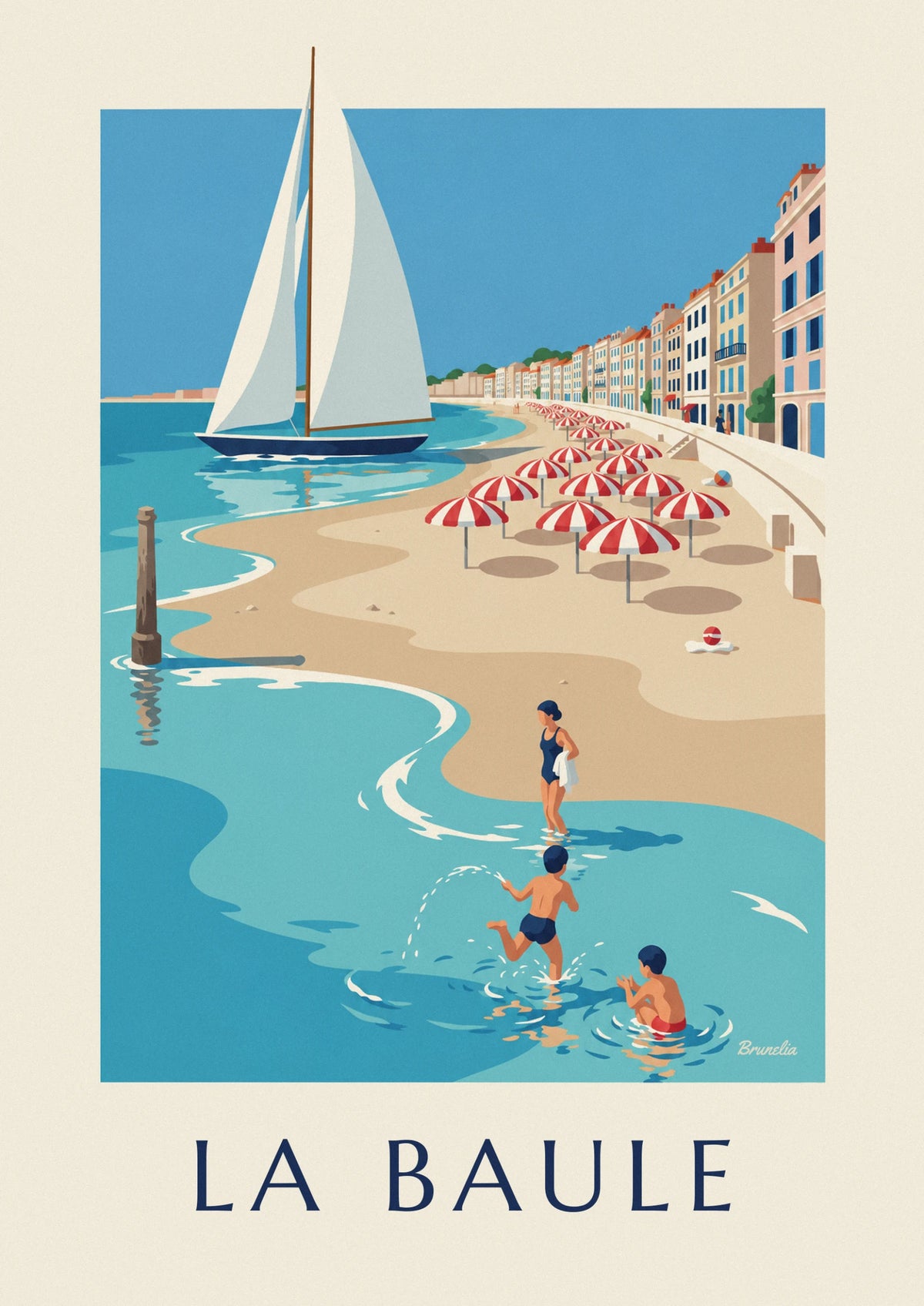 Affiche baigneurs et parasols rayés sur la plage de La Baule
