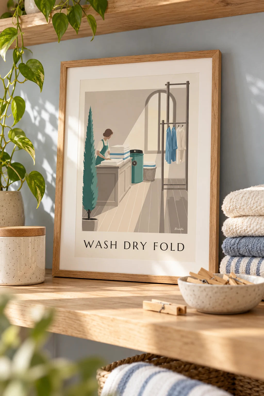 Laundry room: Laundry counter with folded linens and drying rack poster on the wall