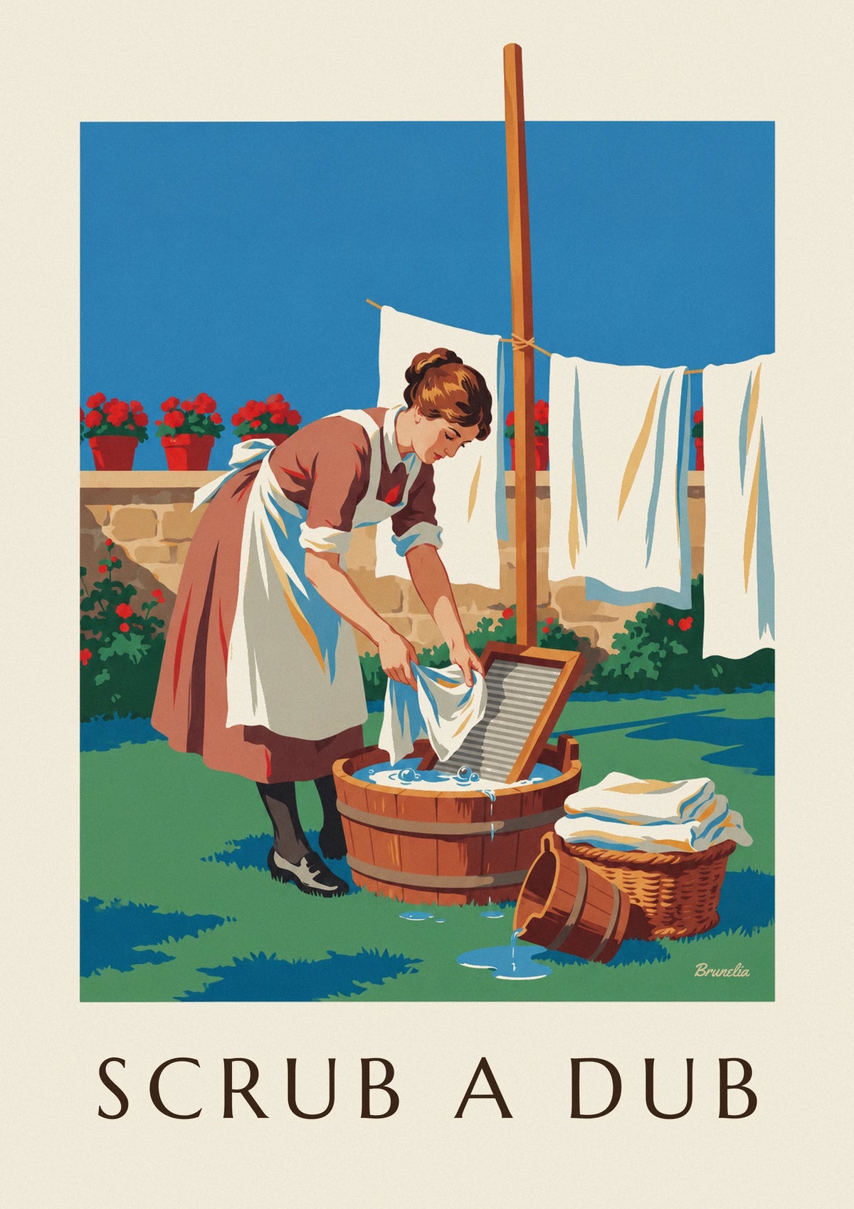 Woman at a washboard in a sunny courtyard poster