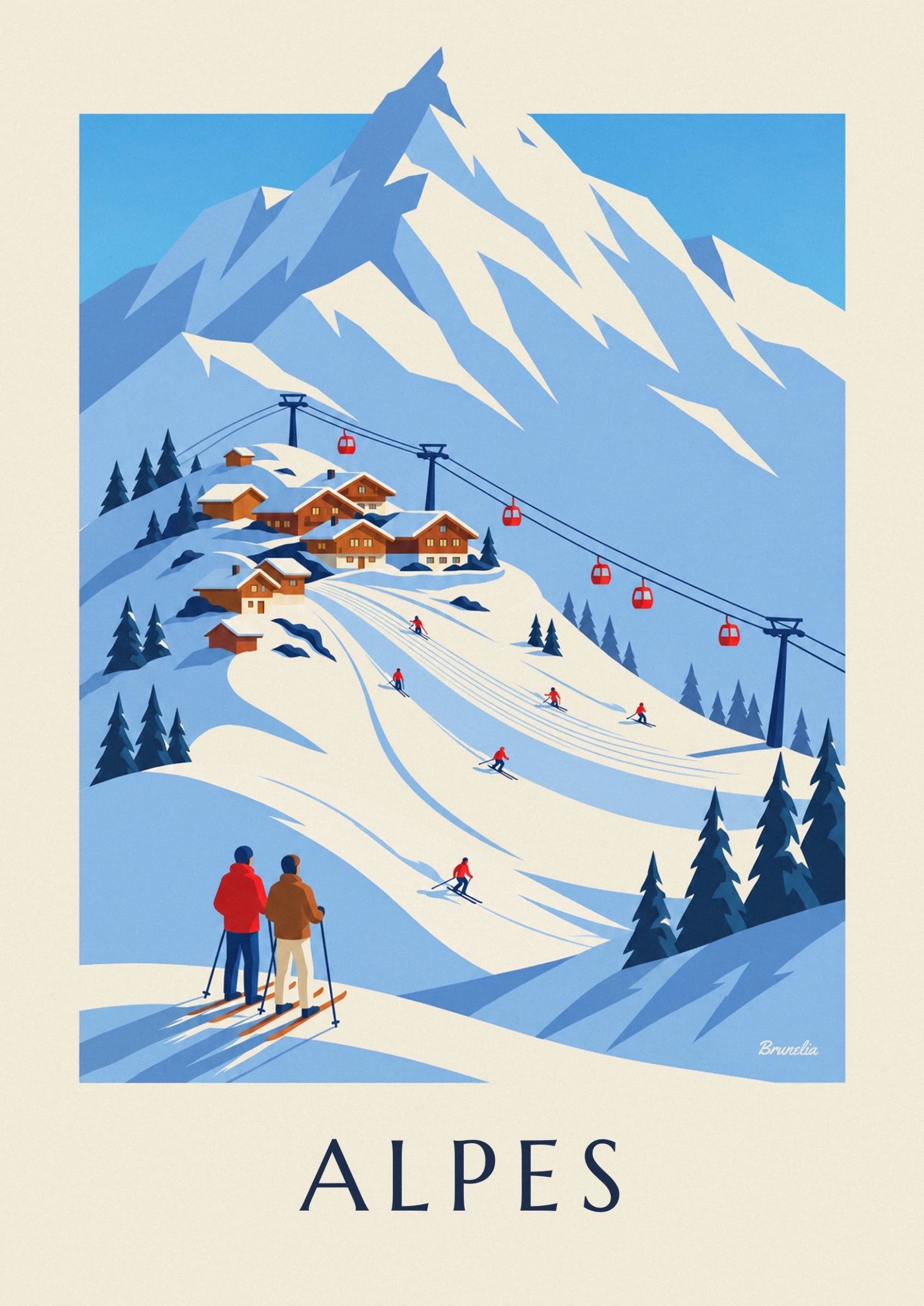 The resort’s snow-covered chalets, skiers and red cable car