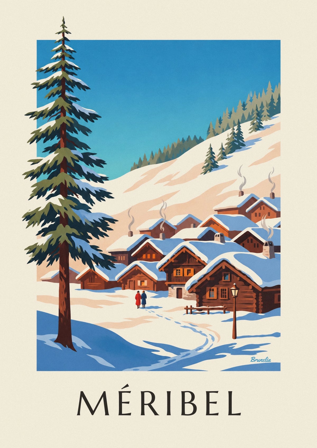 Snow-covered wooden chalets of Méribel poster