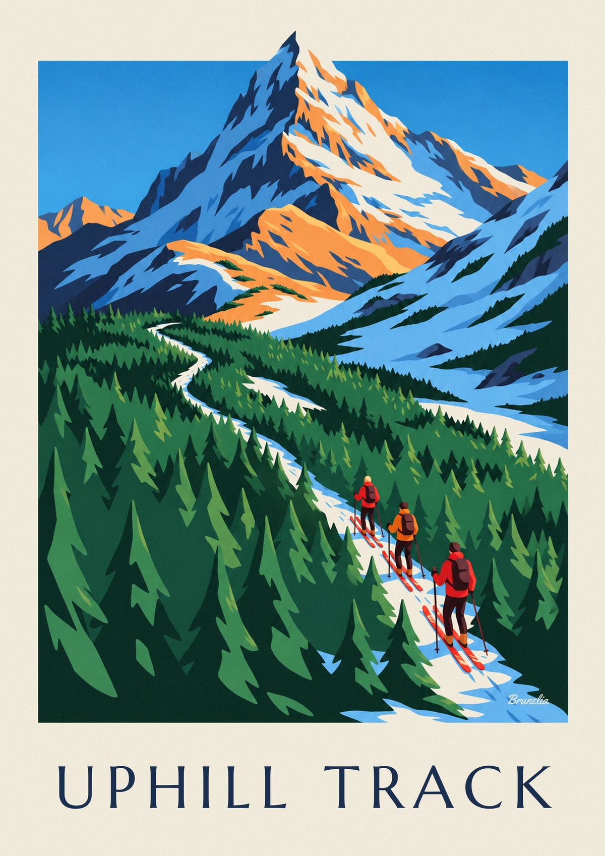3 ski tourers climbing through fir trees poster