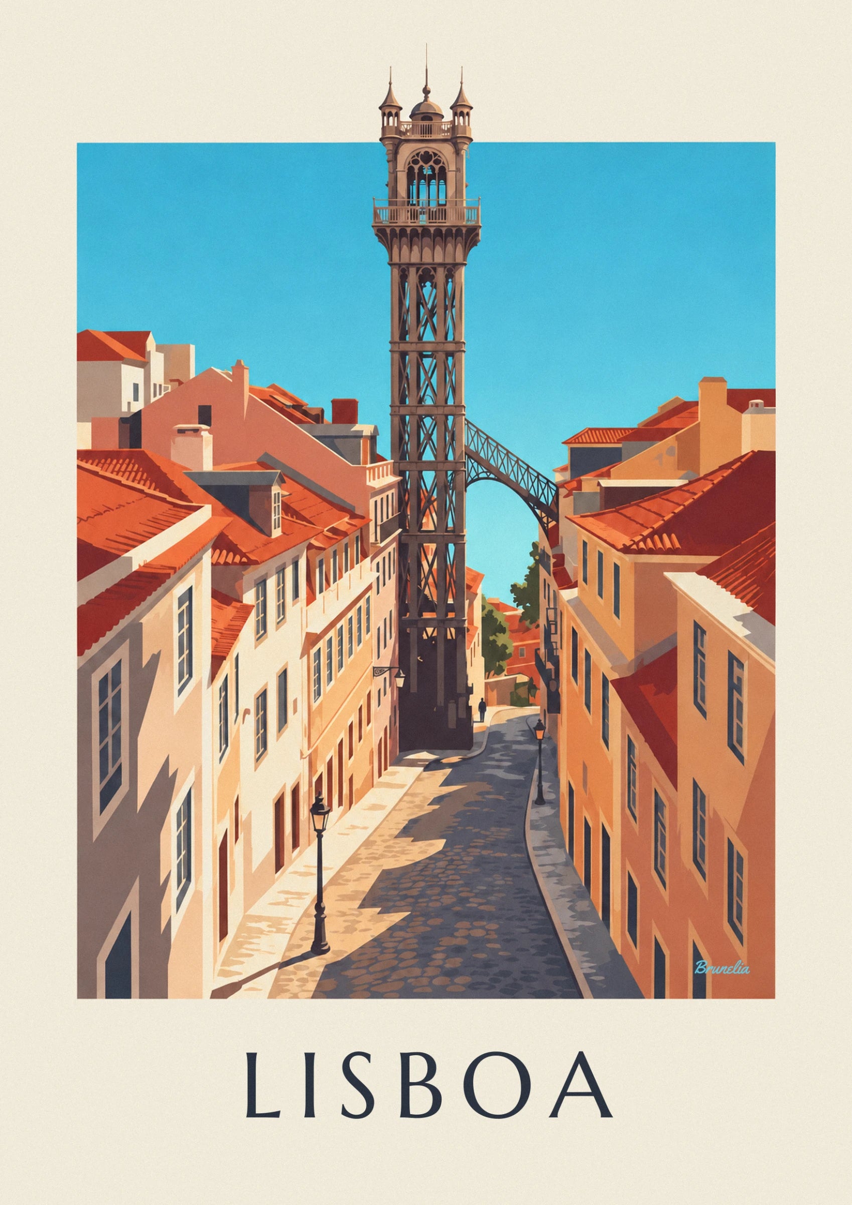 La tour de fer ajourée de l'ascenseur et son balcon, sous un ciel bleu turquoise