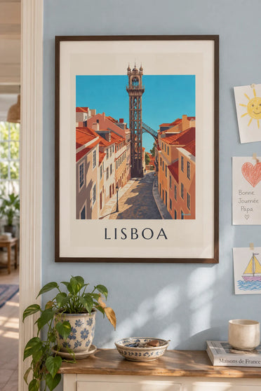 Poster of the Santa Justa Lift in Lisbon: framed on the wall