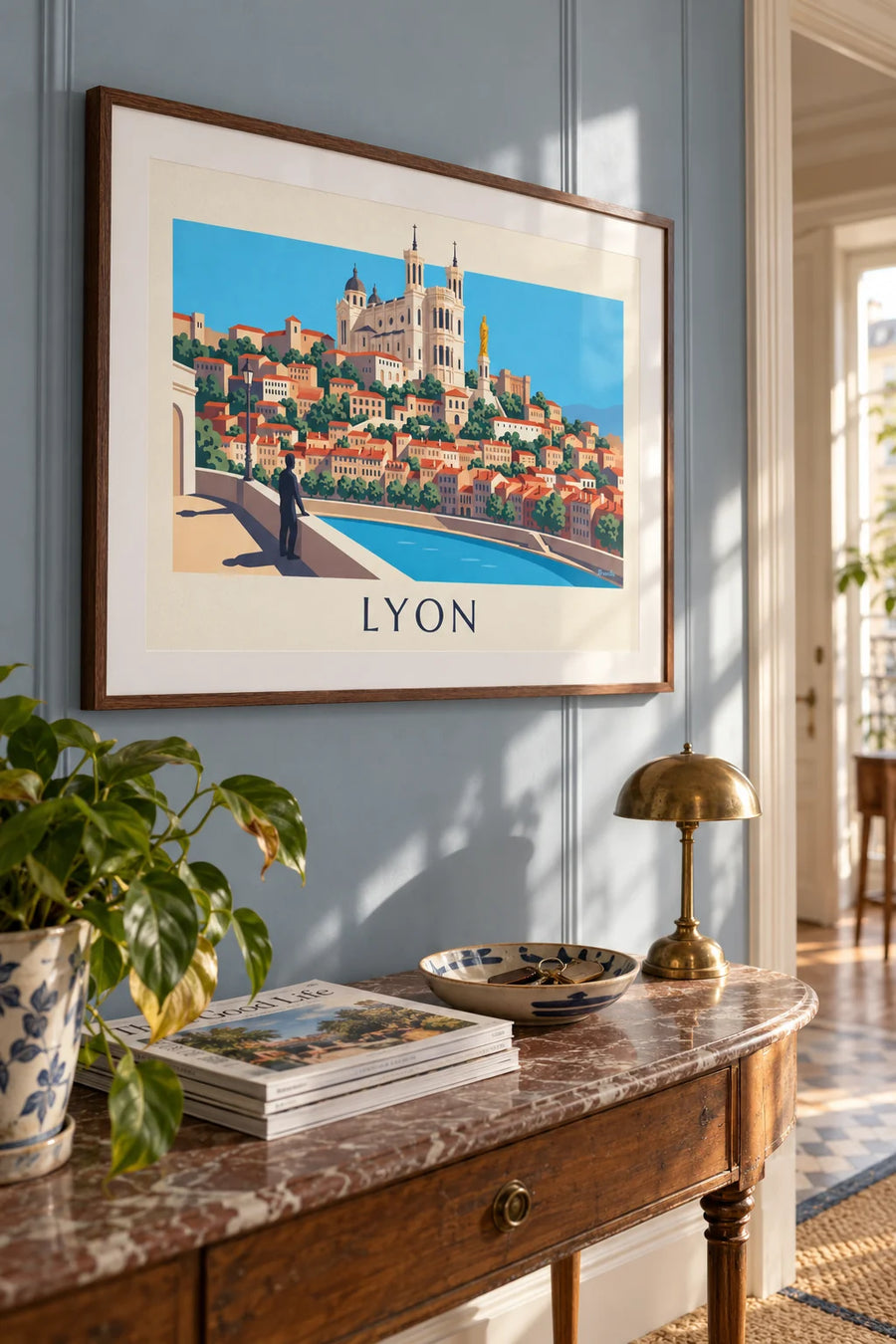 Poster of the Fourvière basilica above Vieux Lyon: framed on the wall