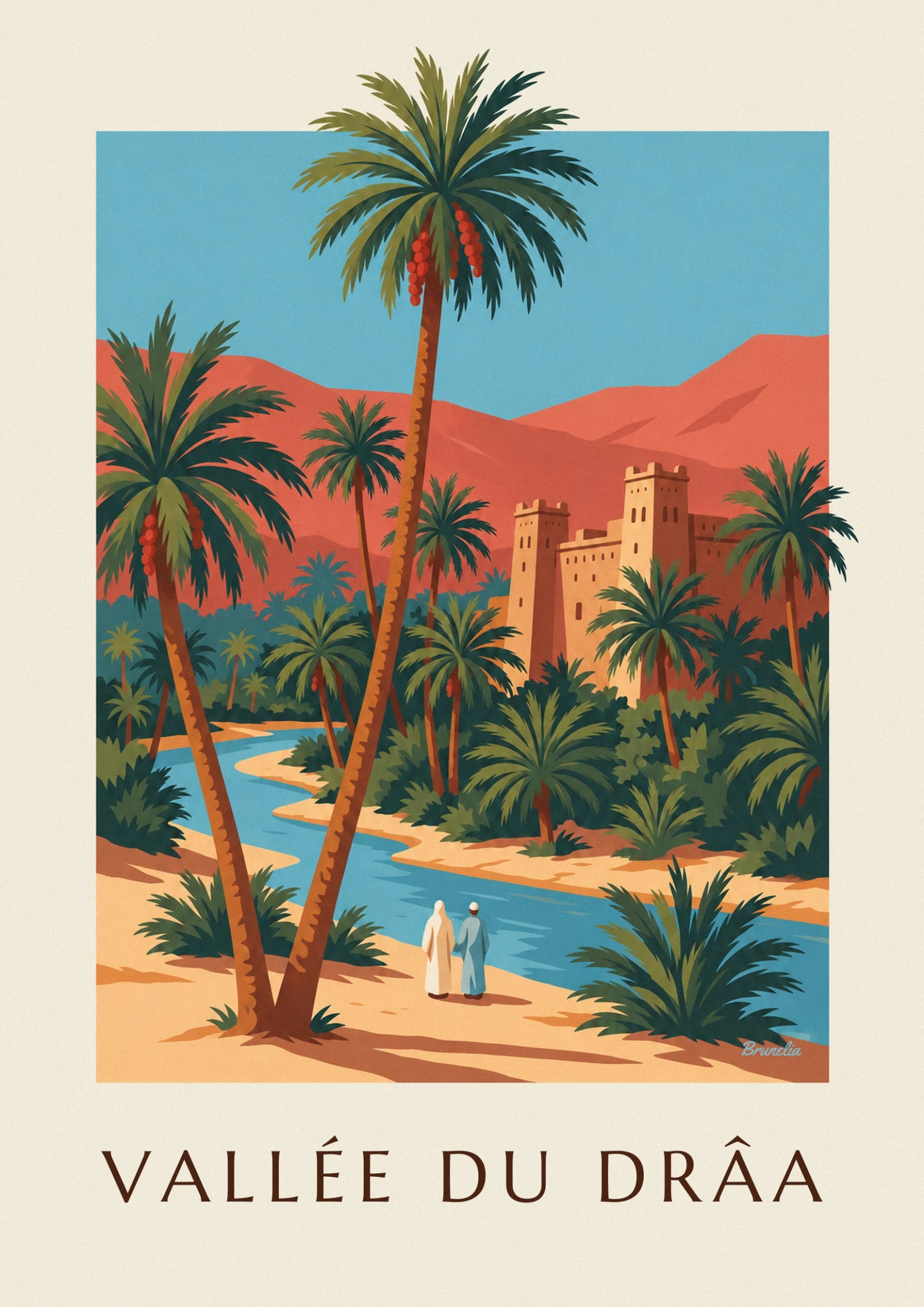The rammed earth kasbah and its 2 crenellated towers, at the foot of the red mountains