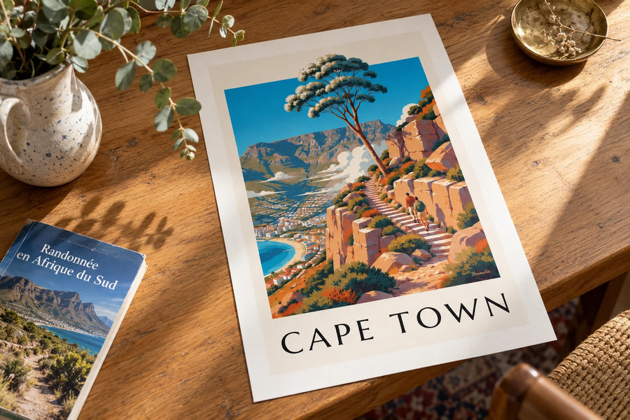 Poster Wanderung auf den Tafelberg in Kapstadt: auf einem Tisch aufgestellt