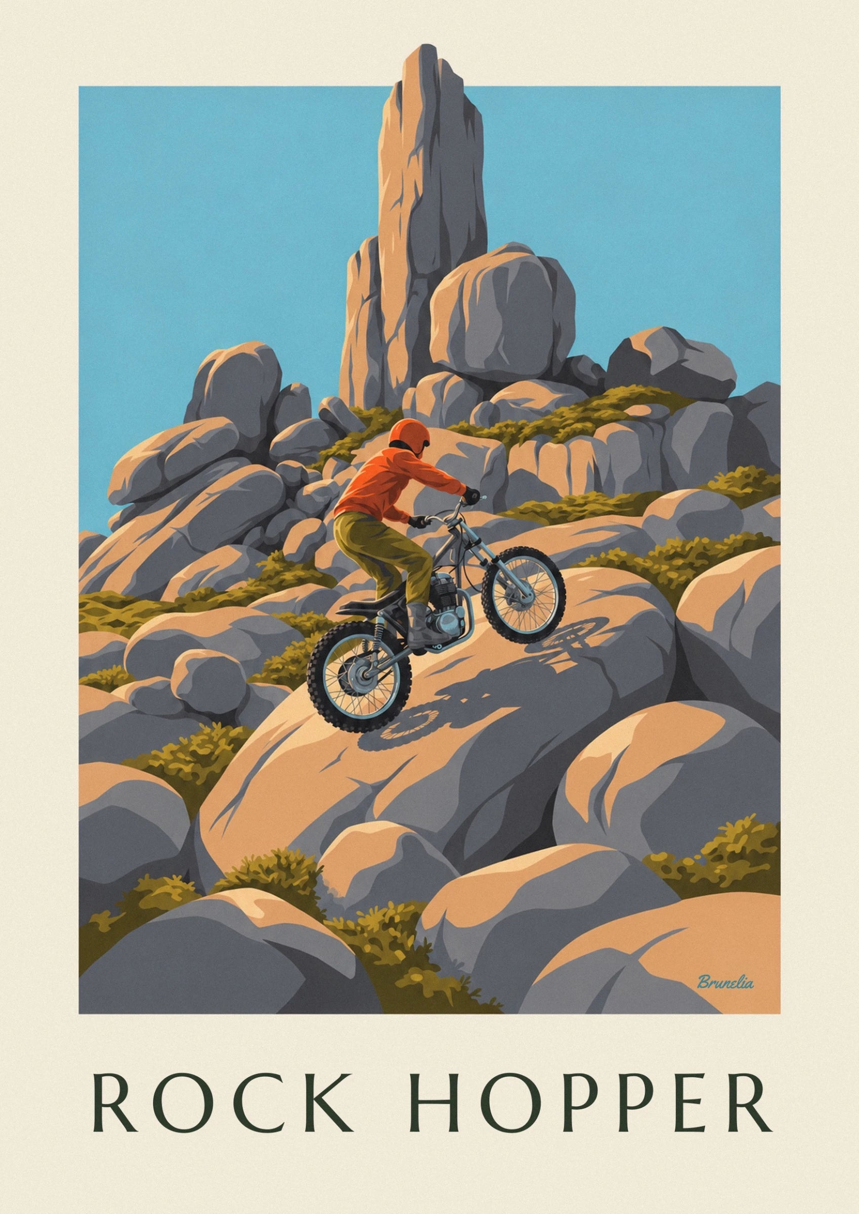 The rider in an orange jacket tackling the rocks on his trials bike