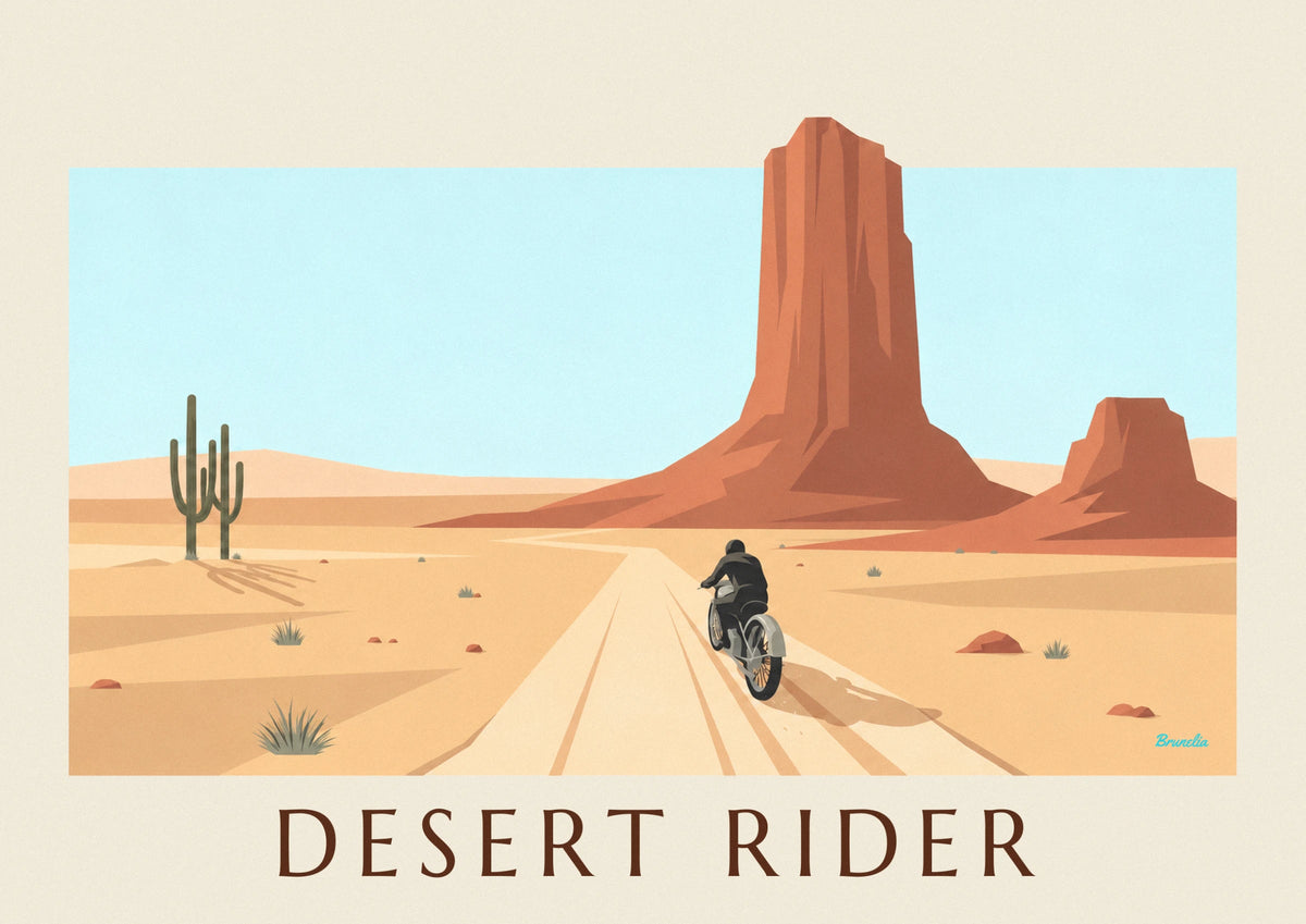 Motorcyclist on a desert sand track poster