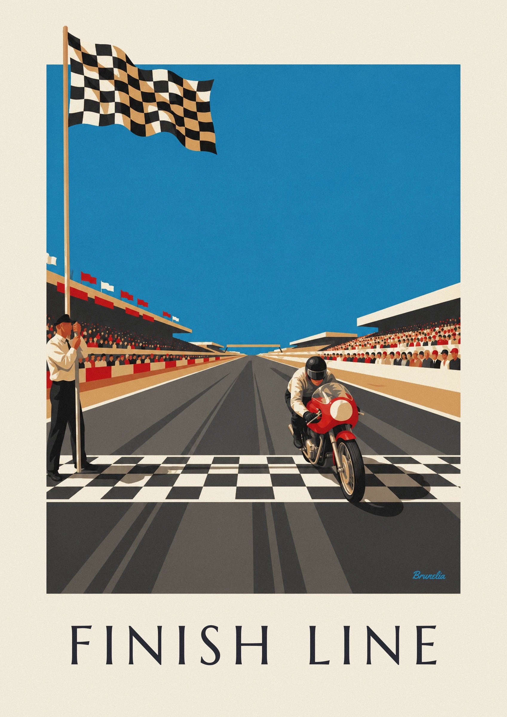 Poster Motorrad überquert die Ziellinie unter der Zielflagge: Detail in Nahaufnahme