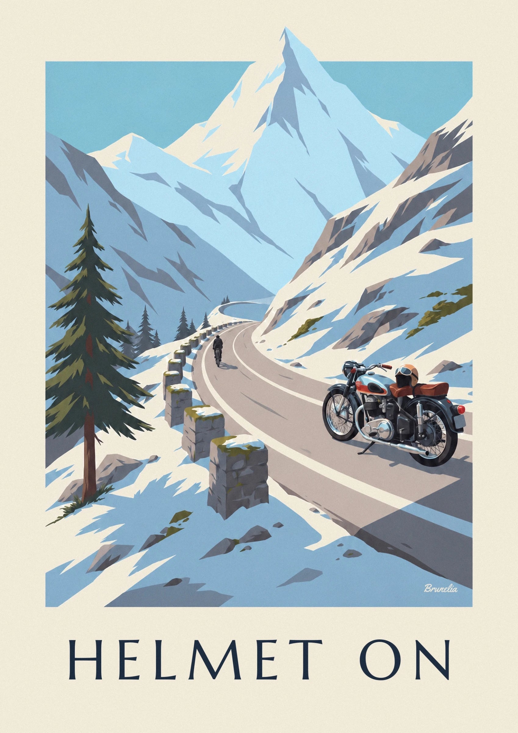 The light blue motorbike with its brown saddle and a helmet resting near the tank