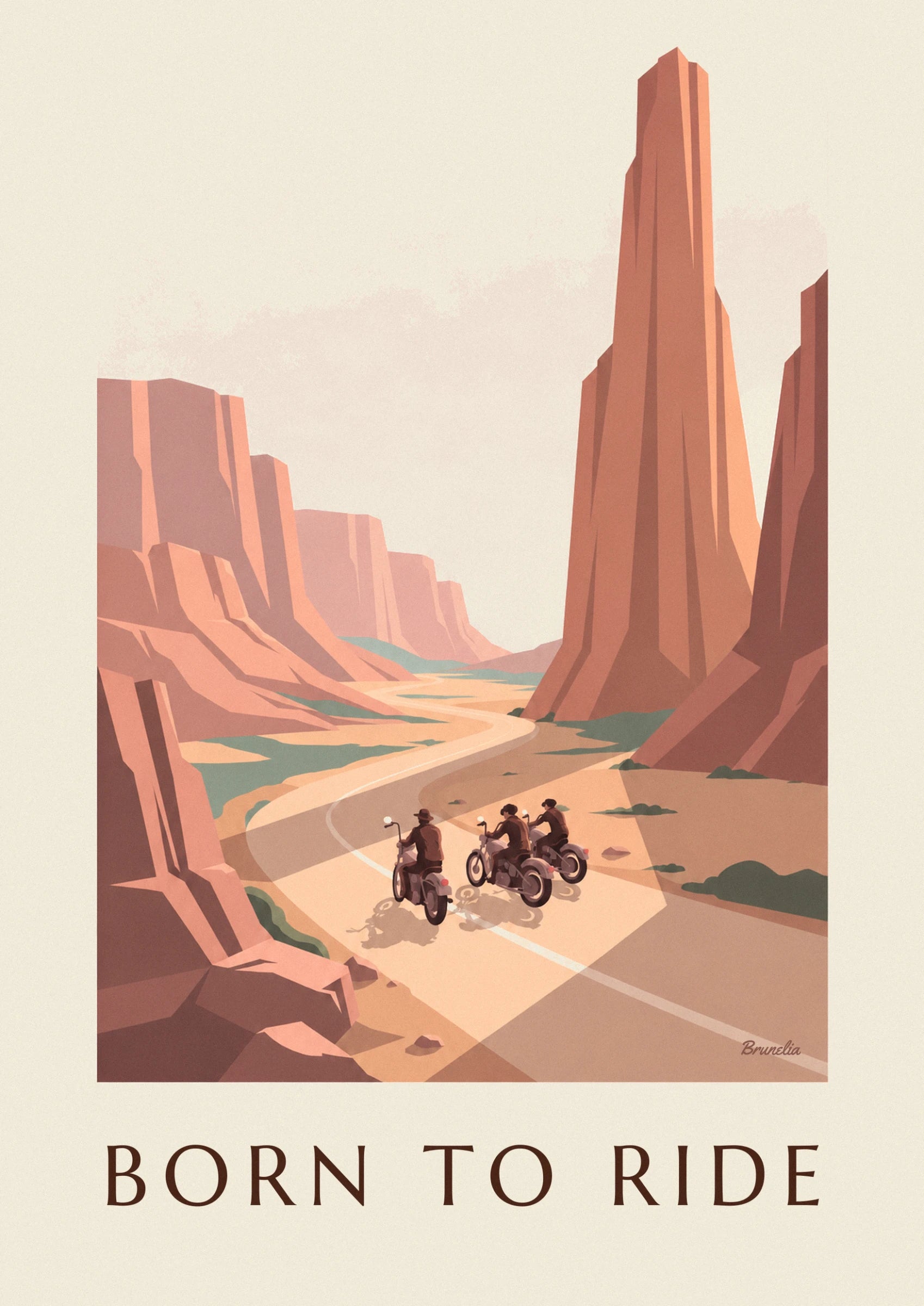 The 3 motorcyclists in brown jackets, one wearing a hat, on the winding canyon road
