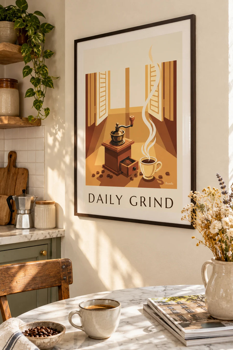 Poster hölzerne Kaffeemühle und Kaffeebohnen: gerahmt an der Wand