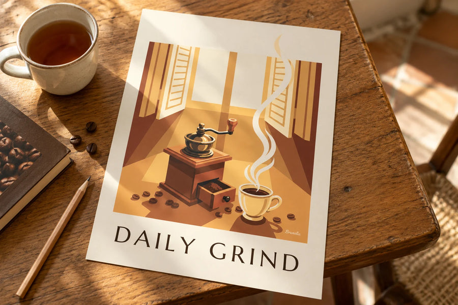 Poster Kaffeemühle aus Holz und Kaffeebohnen: auf einem Tisch aufgestellt