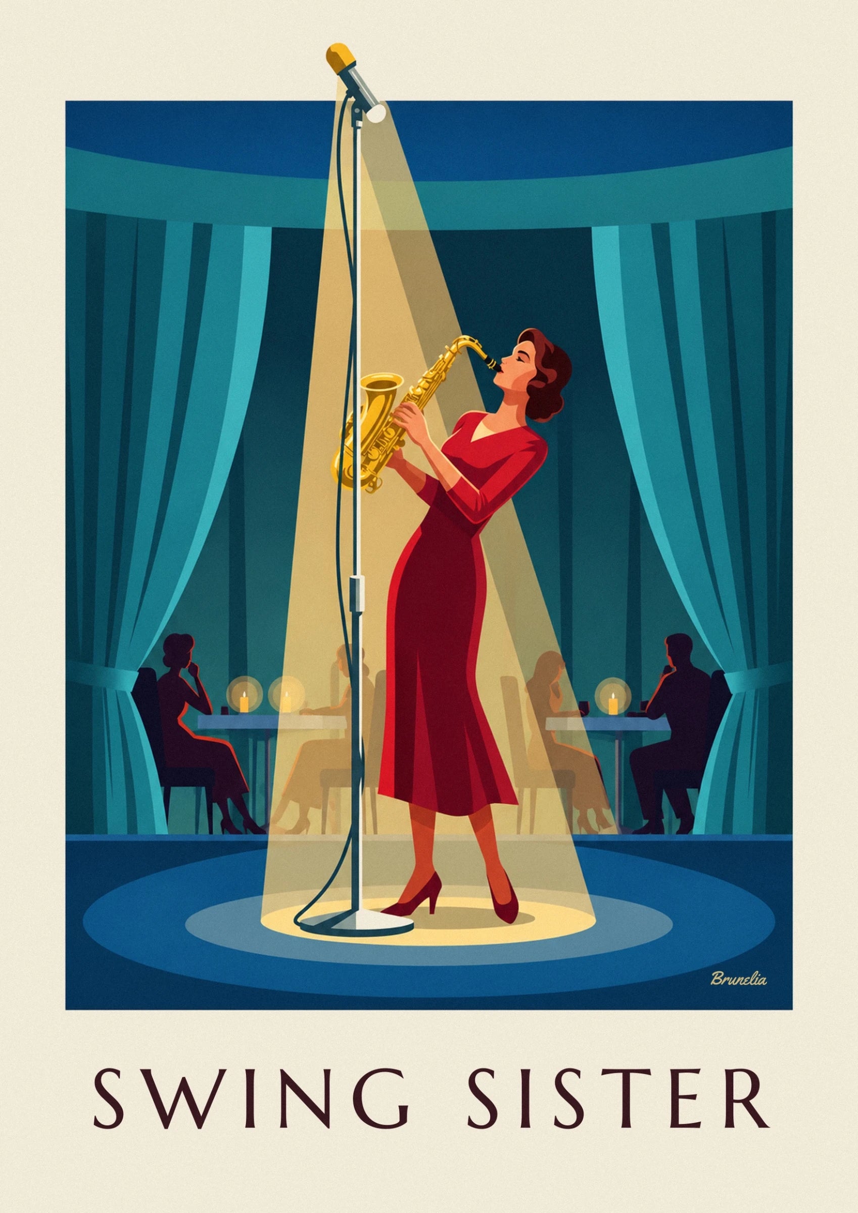 La saxophoniste en robe rouge devant son microphone, sous les projecteurs du club de jazz